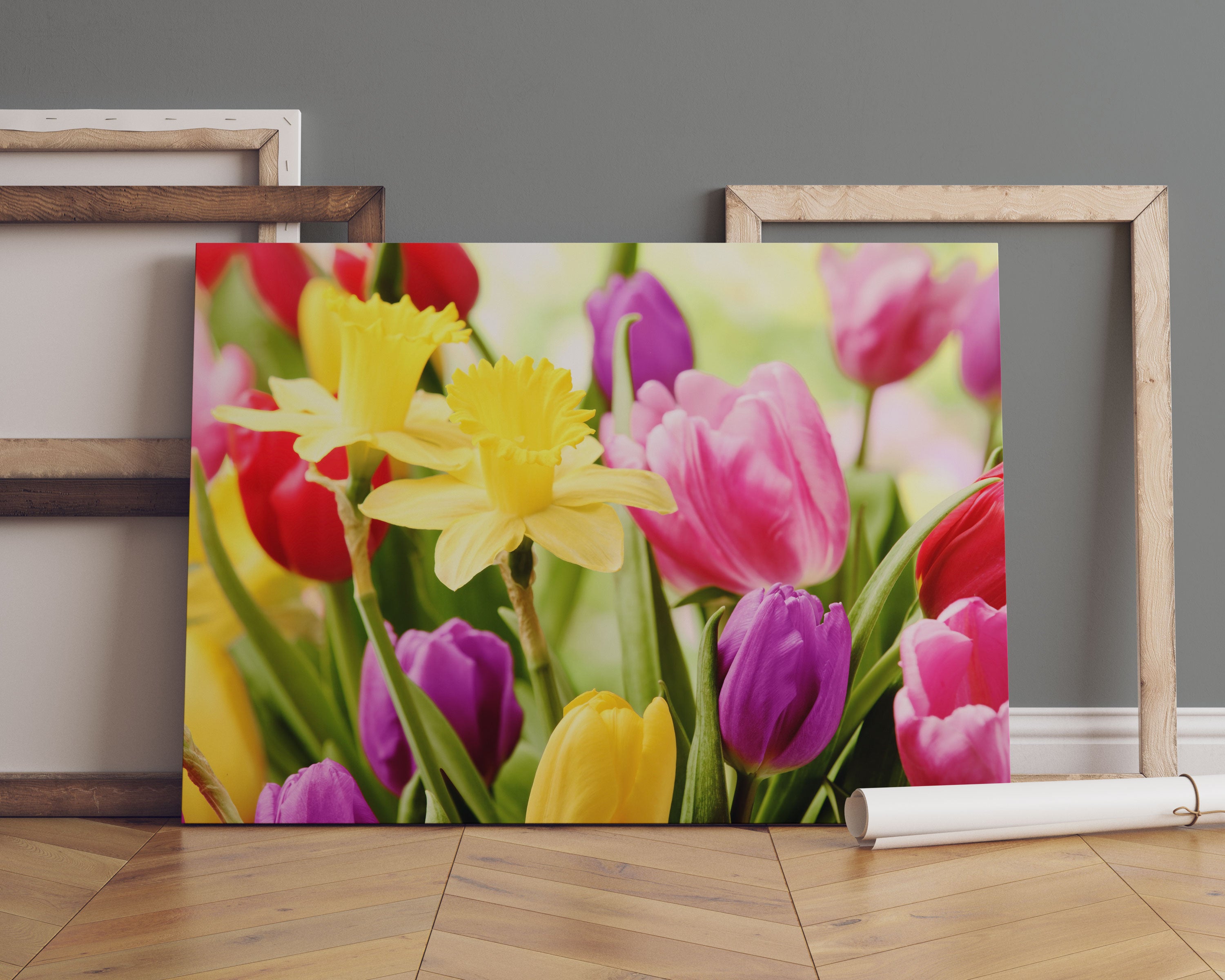 Osterglocken und Tulpen Leinwandbild Sofa