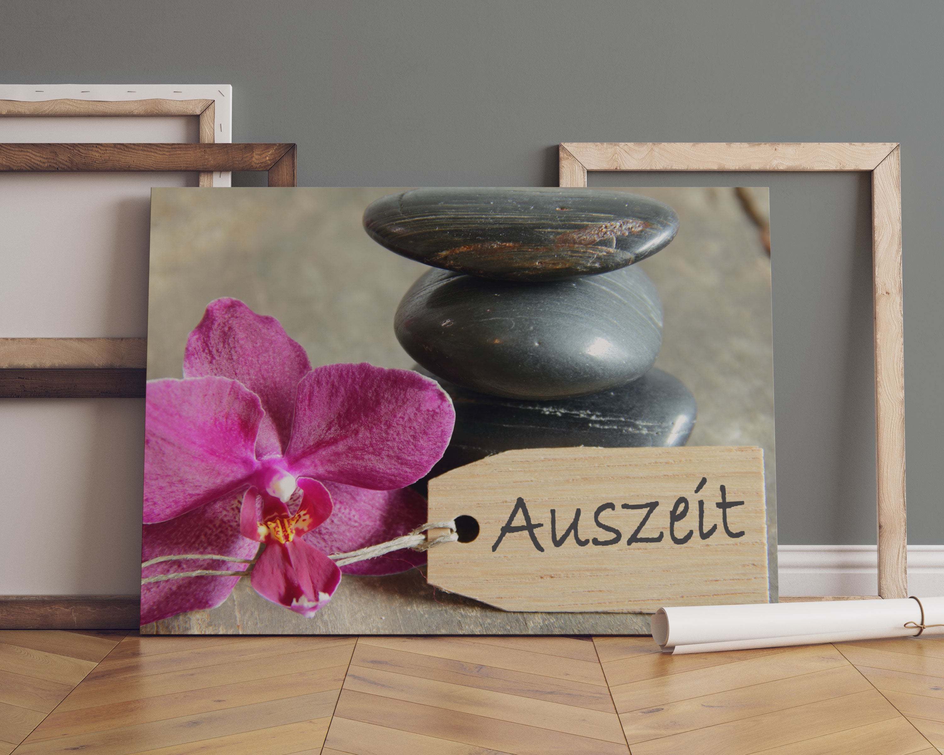 Auszeit Orchidee mit Zen Steinen Leinwandbild Sofa