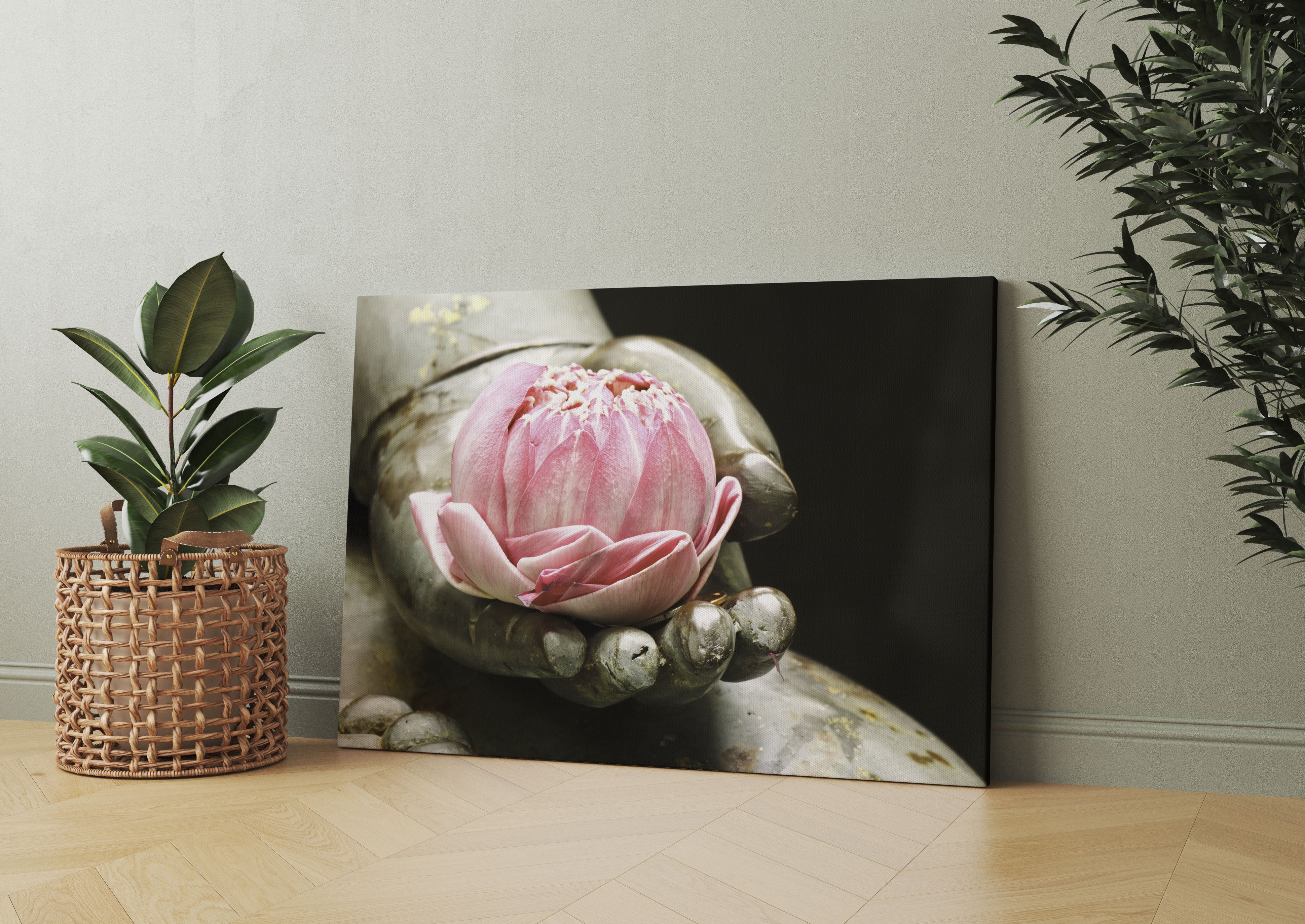 Lotus auf der Hand eines Buddhas Leinwandbild Wohnzimmer