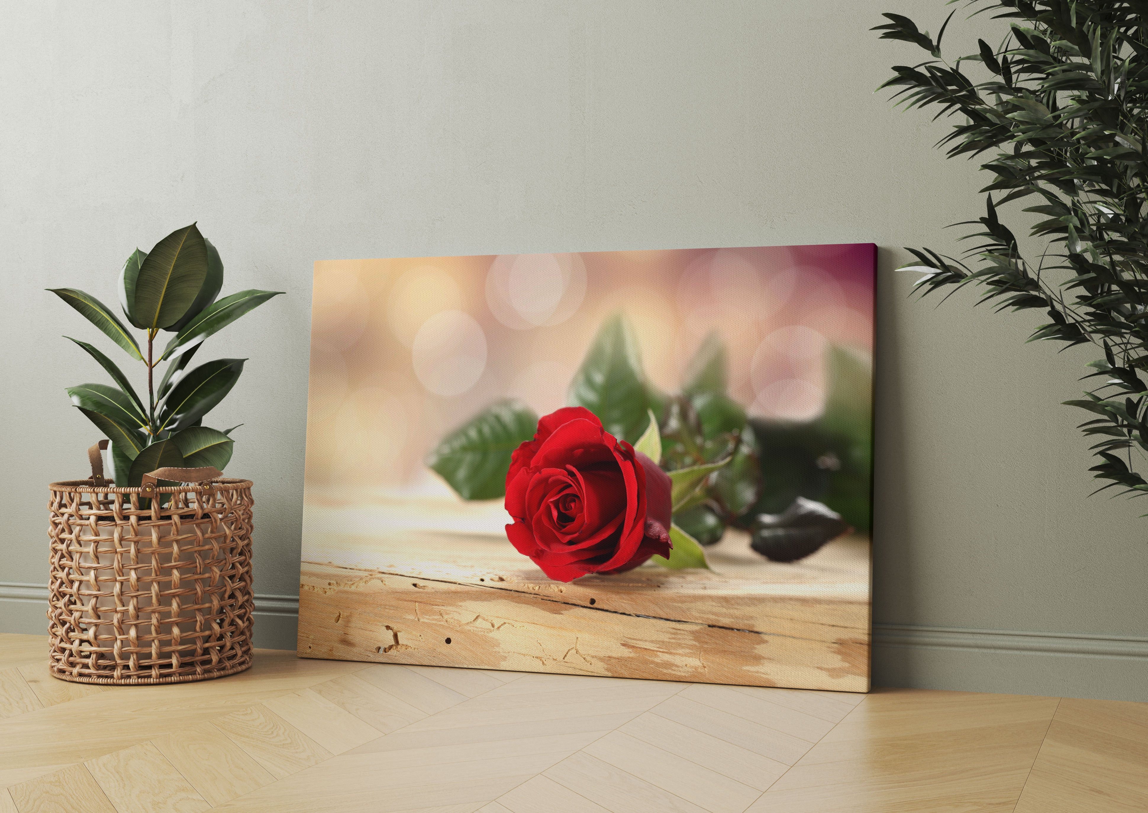 Rose auf Holztisch Leinwandbild Wohnzimmer