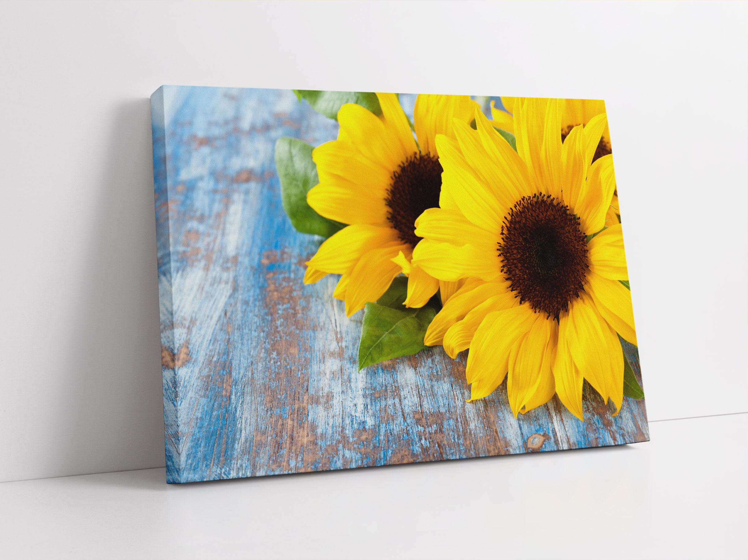 Sonnenblumen auf Holztisch Leinwandbild Studio