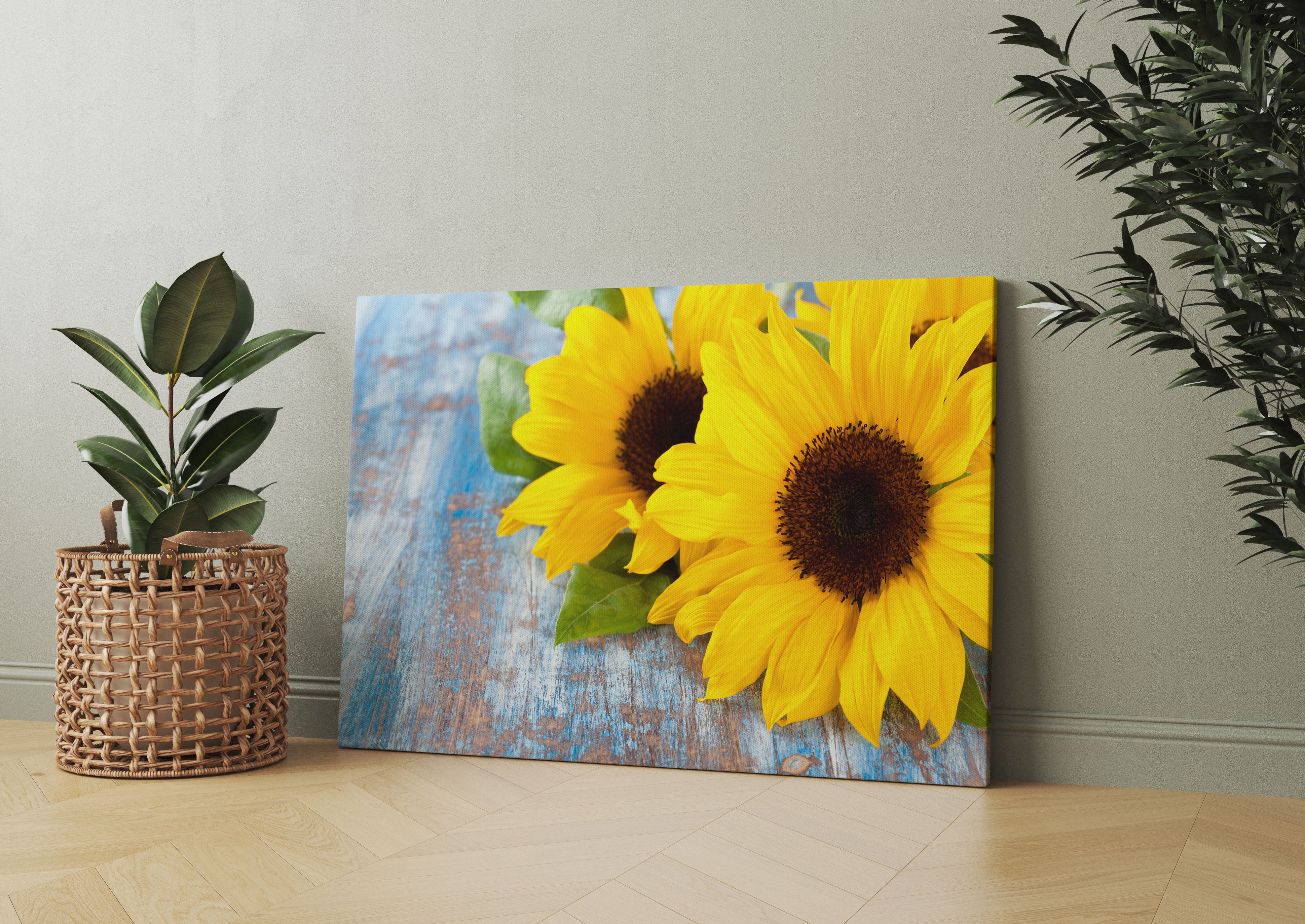 Sonnenblumen auf Holztisch Leinwandbild Wohnzimmer