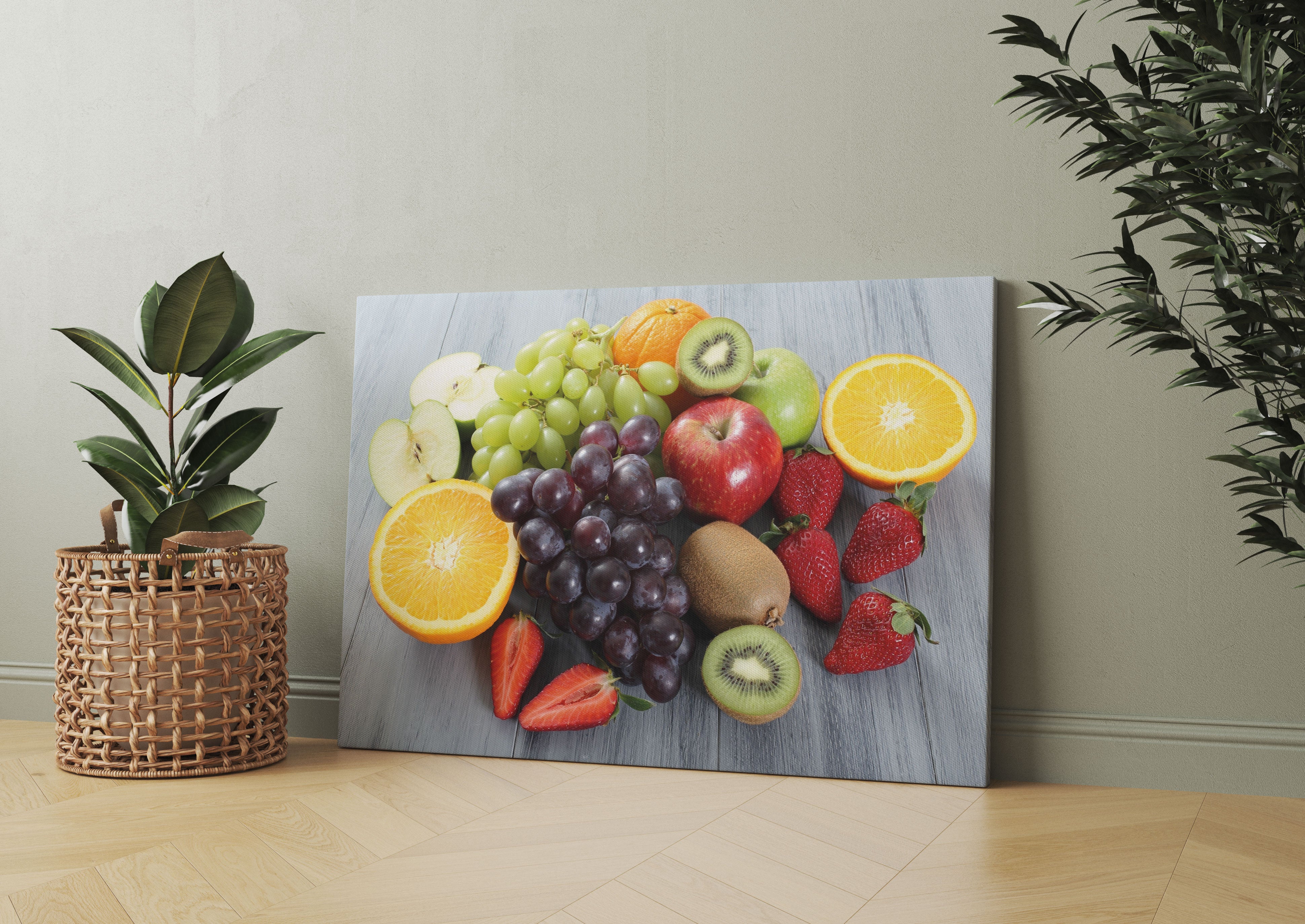 Obstmischung auf Holztisch Leinwandbild Wohnzimmer