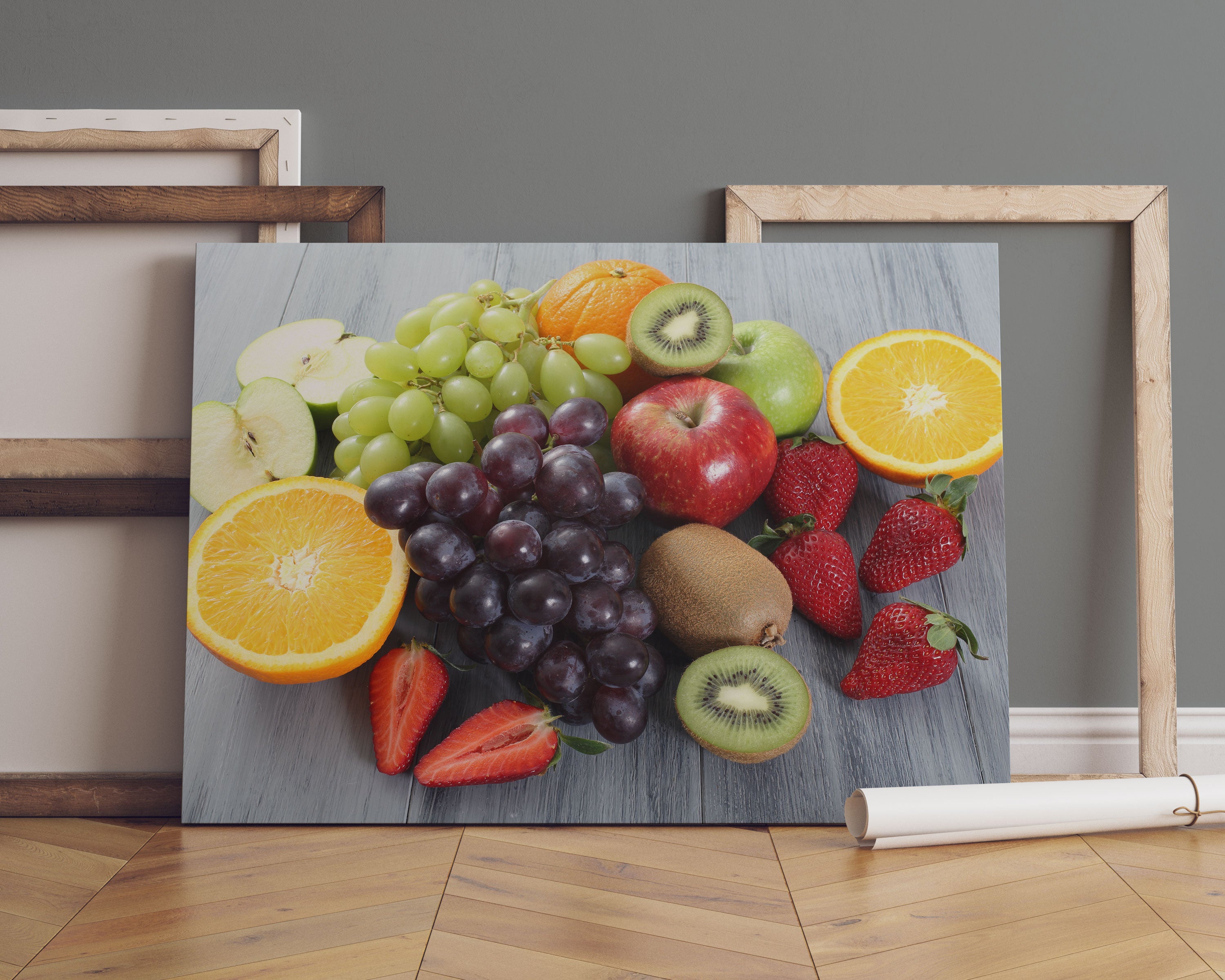 Obstmischung auf Holztisch Leinwandbild Sofa