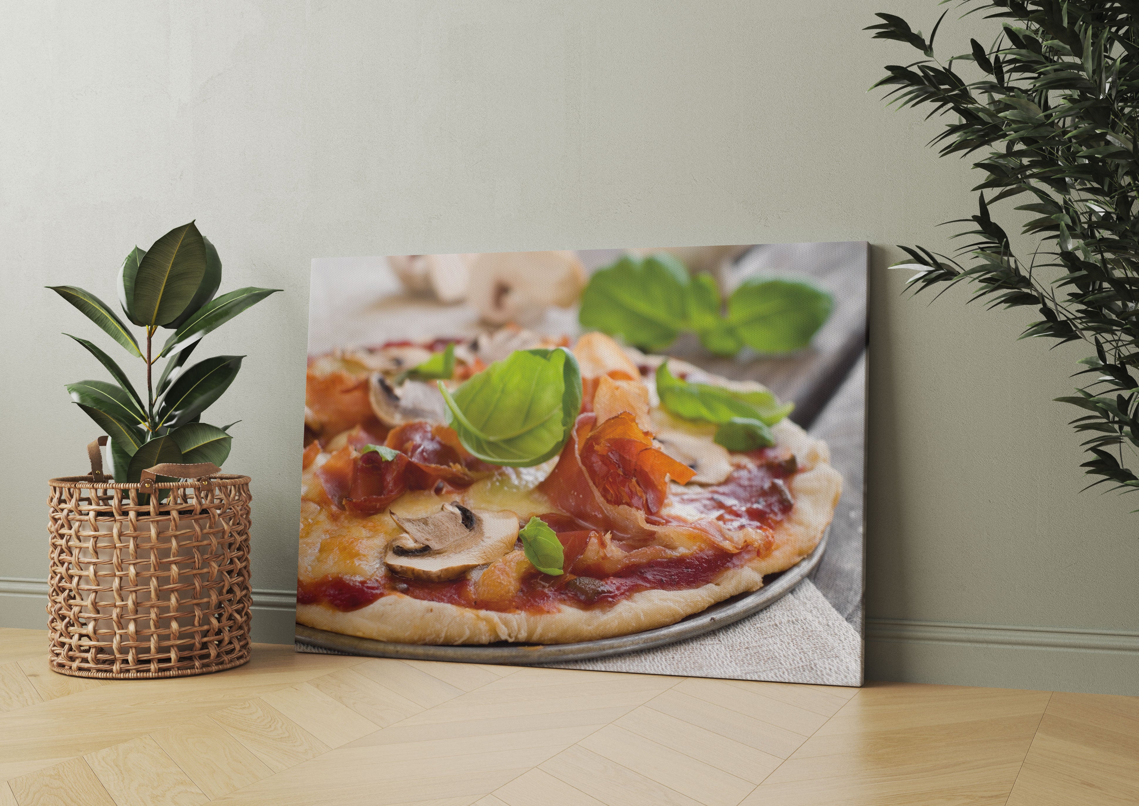 Pizza mit Schinken und Pilzen Leinwandbild Wohnzimmer