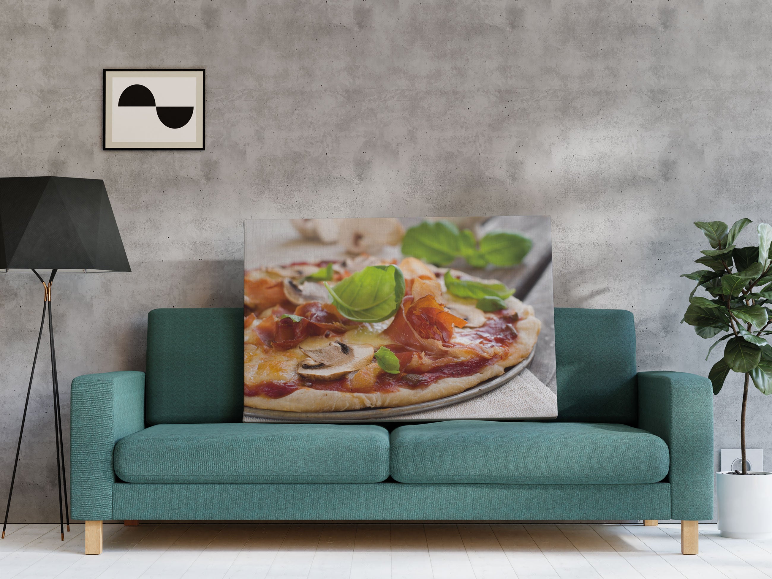 Pizza mit Schinken und Pilzen Leinwandbild Regal