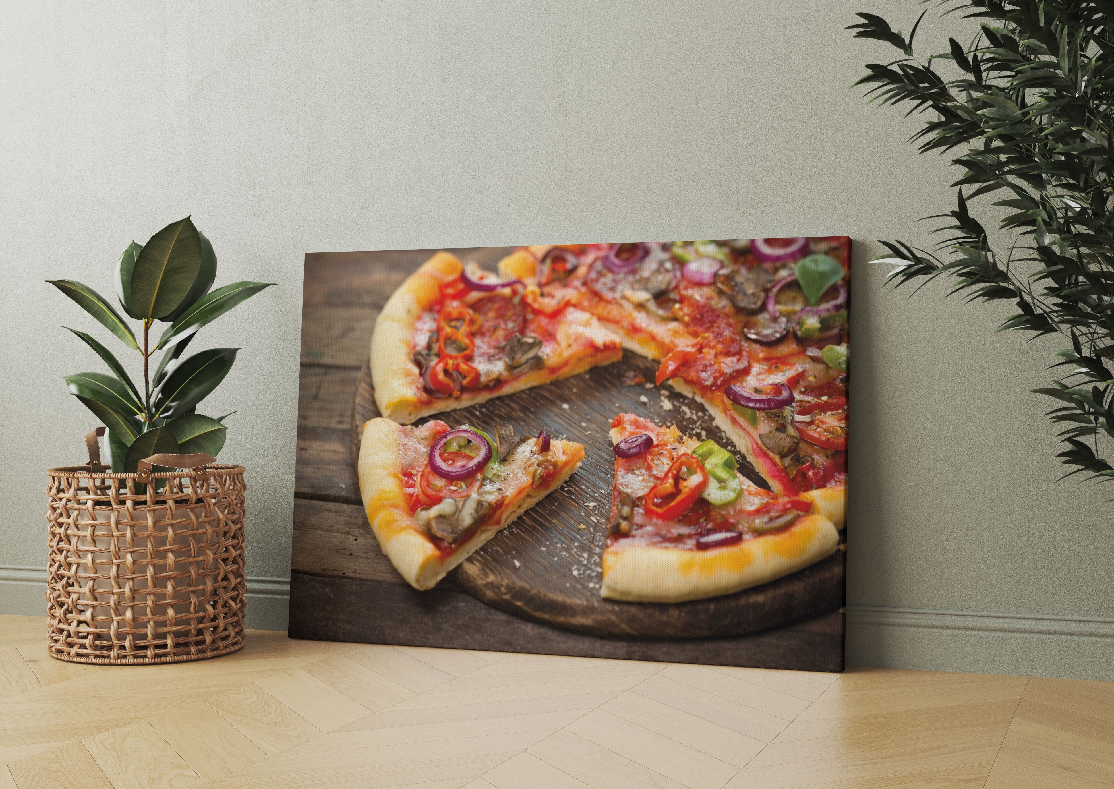 Leckere Pizza auf Holztisch Leinwandbild Wohnzimmer