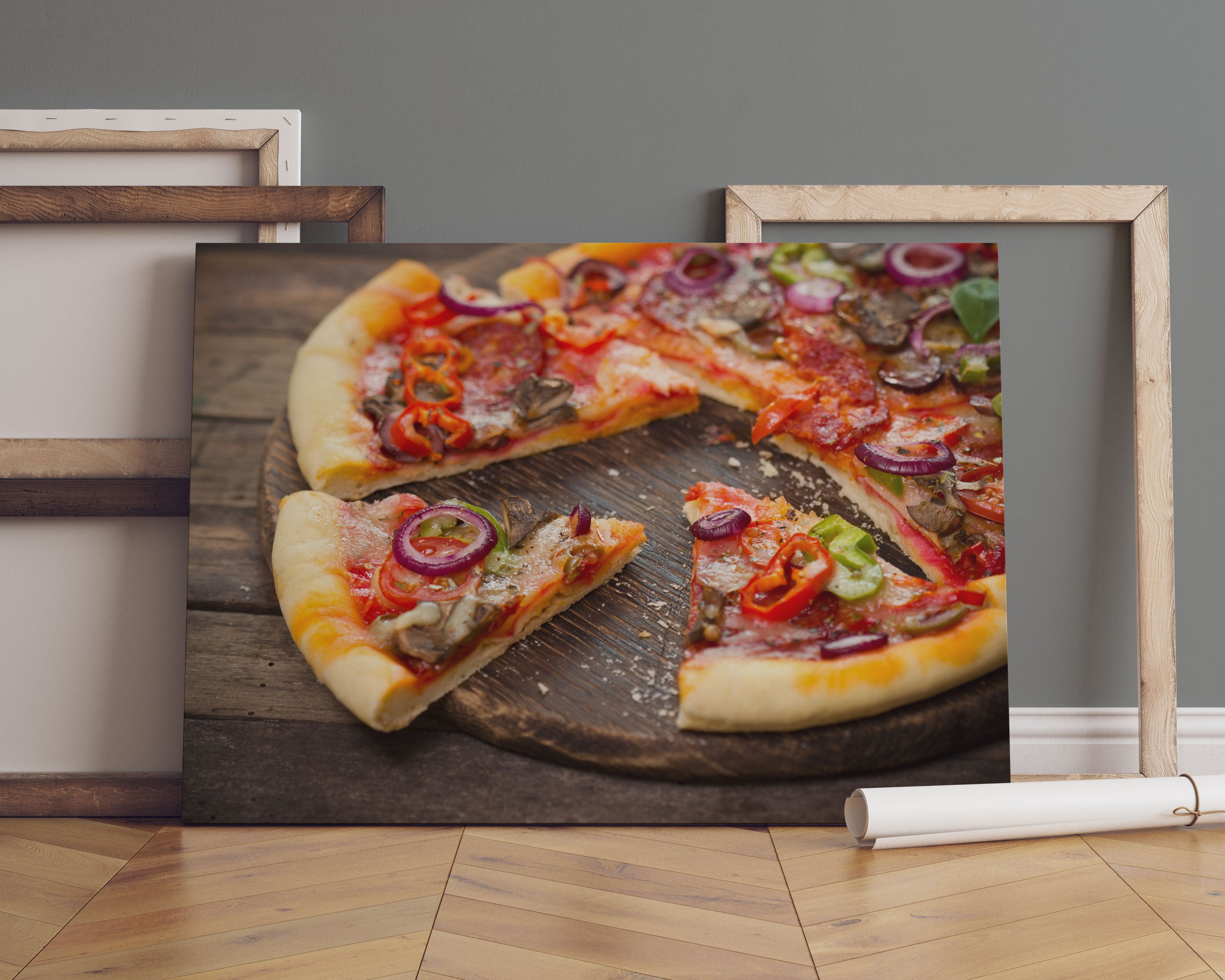 Leckere Pizza auf Holztisch Leinwandbild Sofa