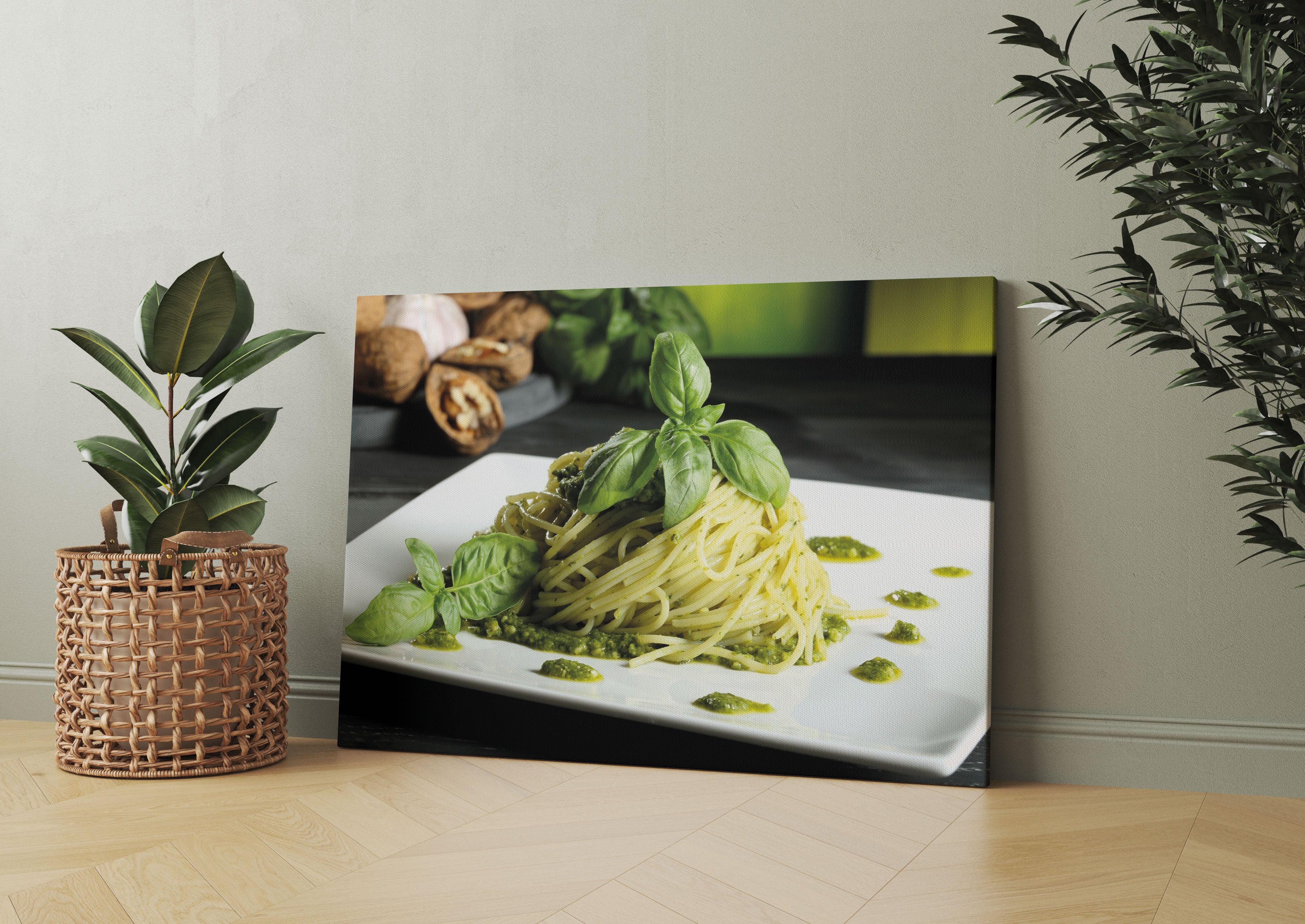 Spaghetti mit grünem Pesto Leinwandbild Wohnzimmer