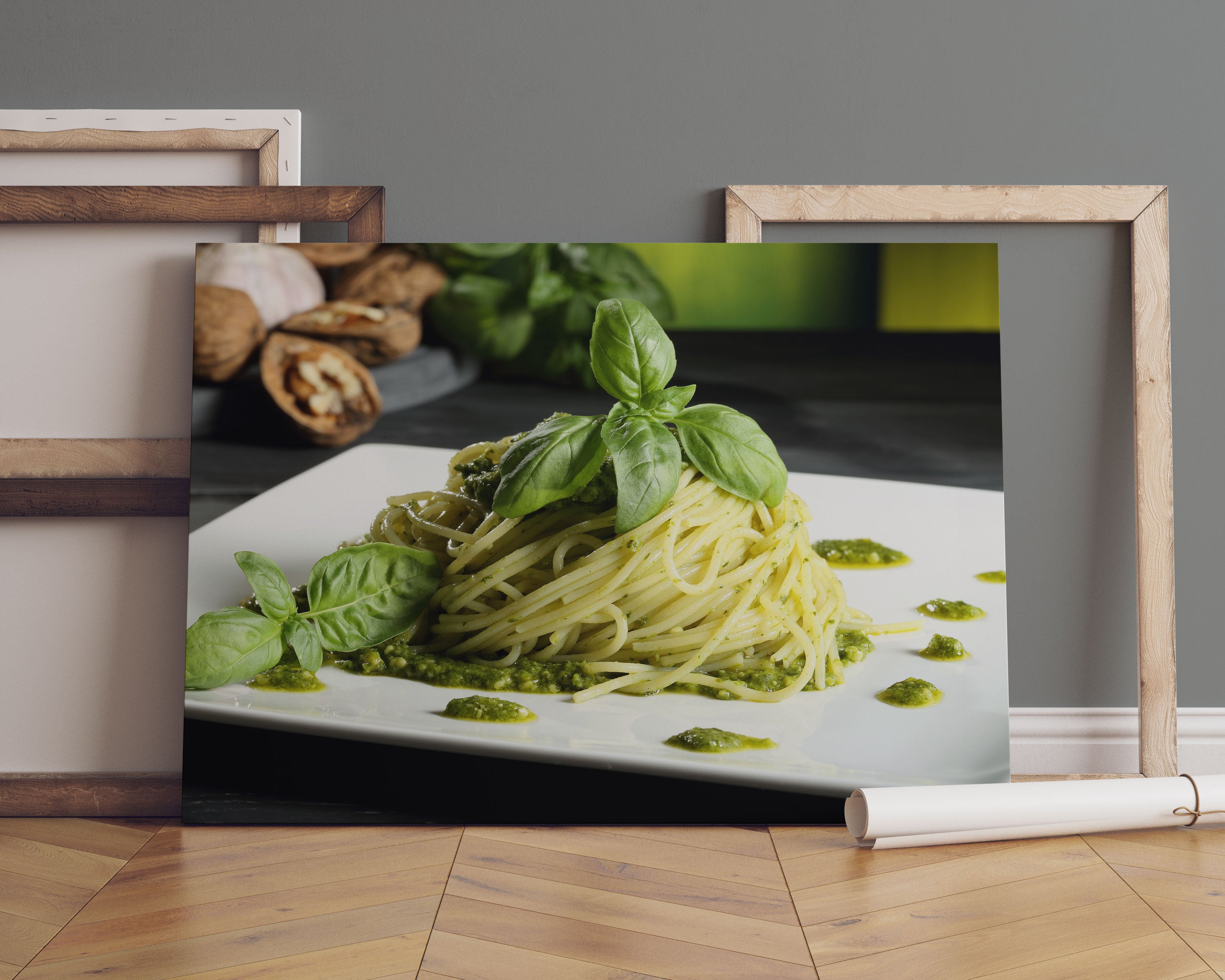 Spaghetti mit grünem Pesto Leinwandbild Sofa