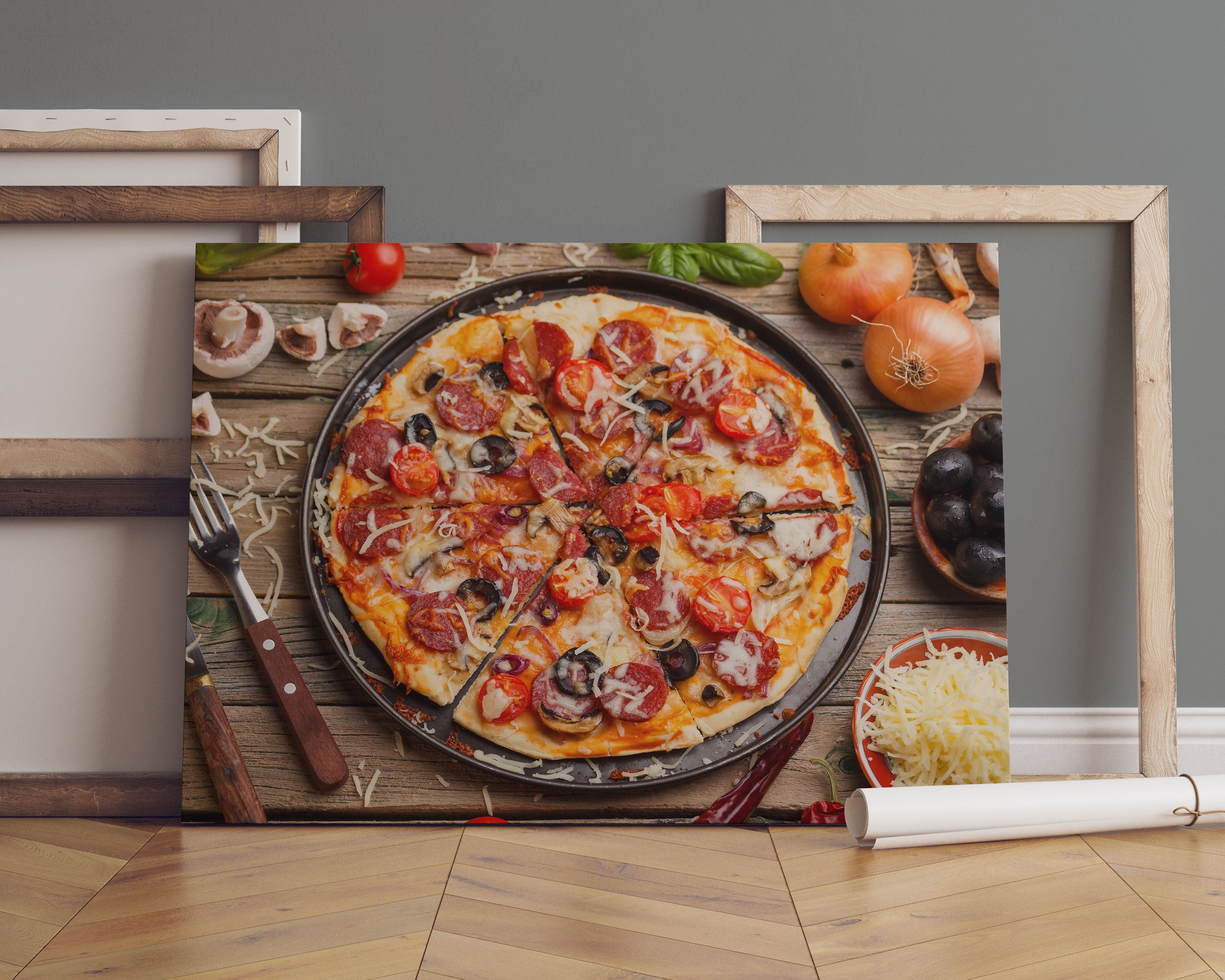 Leckere Pizza auf Holztisch Leinwandbild Sofa