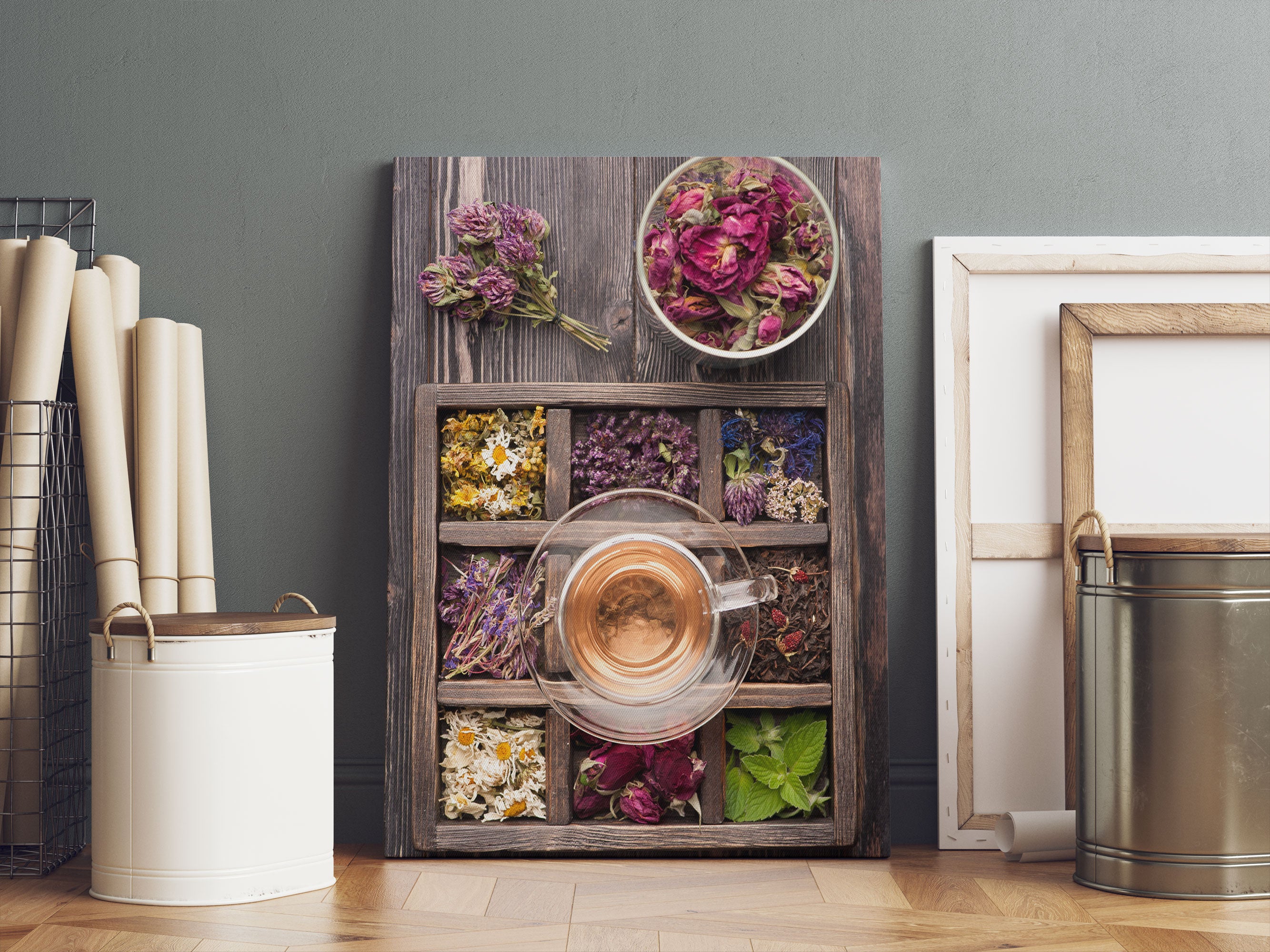 Blumen in rustikalem Setzkästchen Leinwandbild Sofa