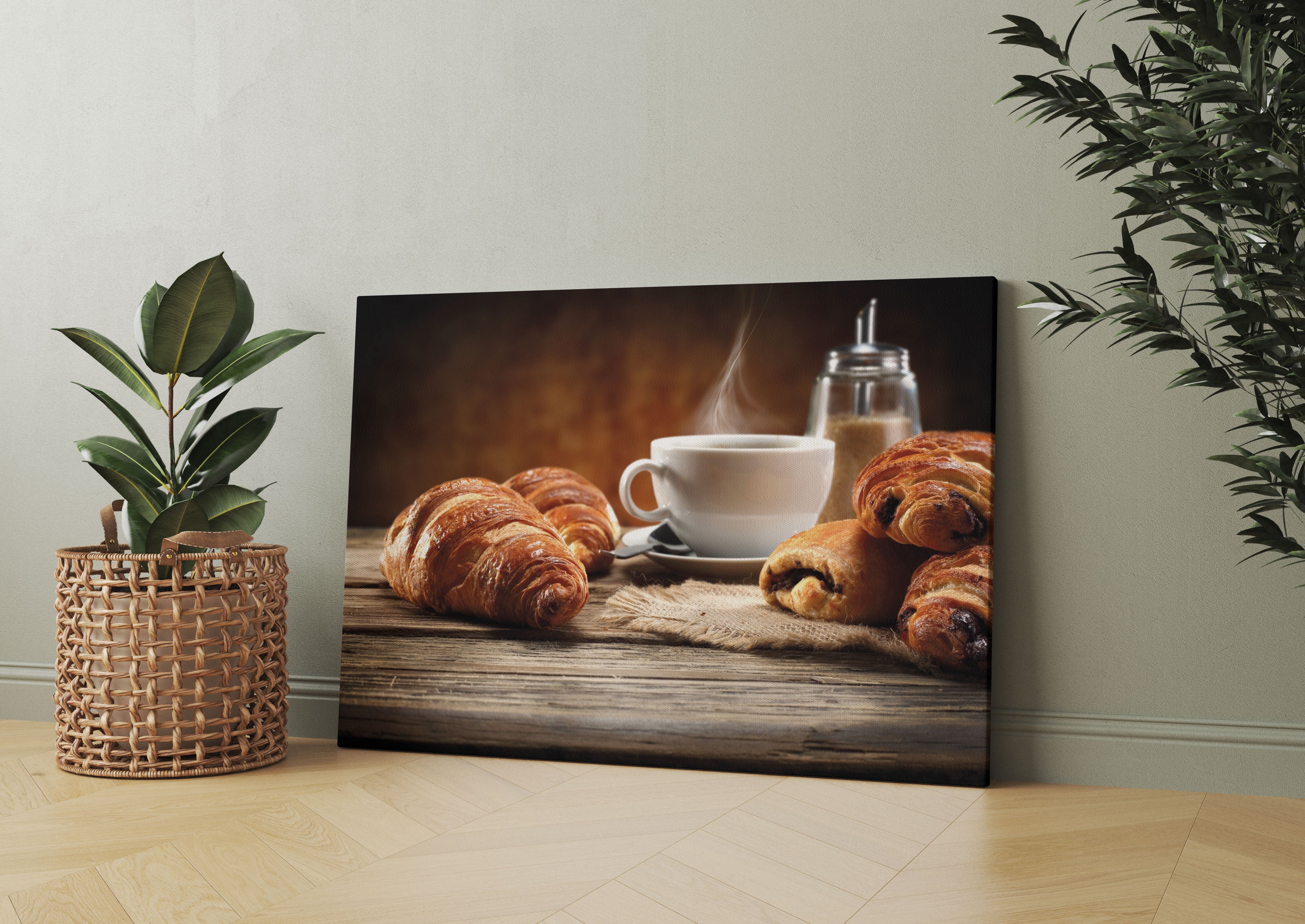 Croissant zum Kaffee Leinwandbild Wohnzimmer