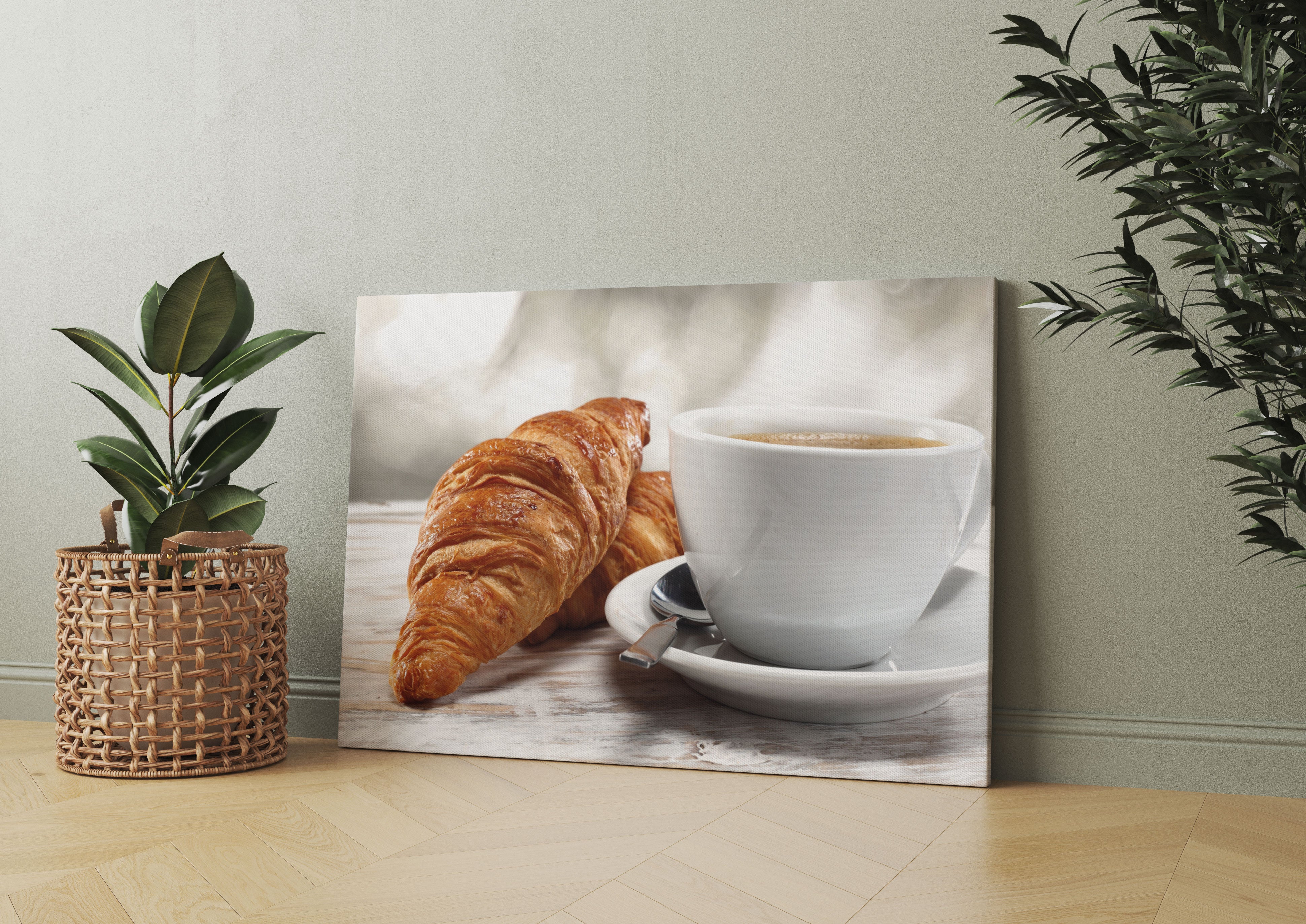 Frisches Croissant und Kaffee Leinwandbild Wohnzimmer