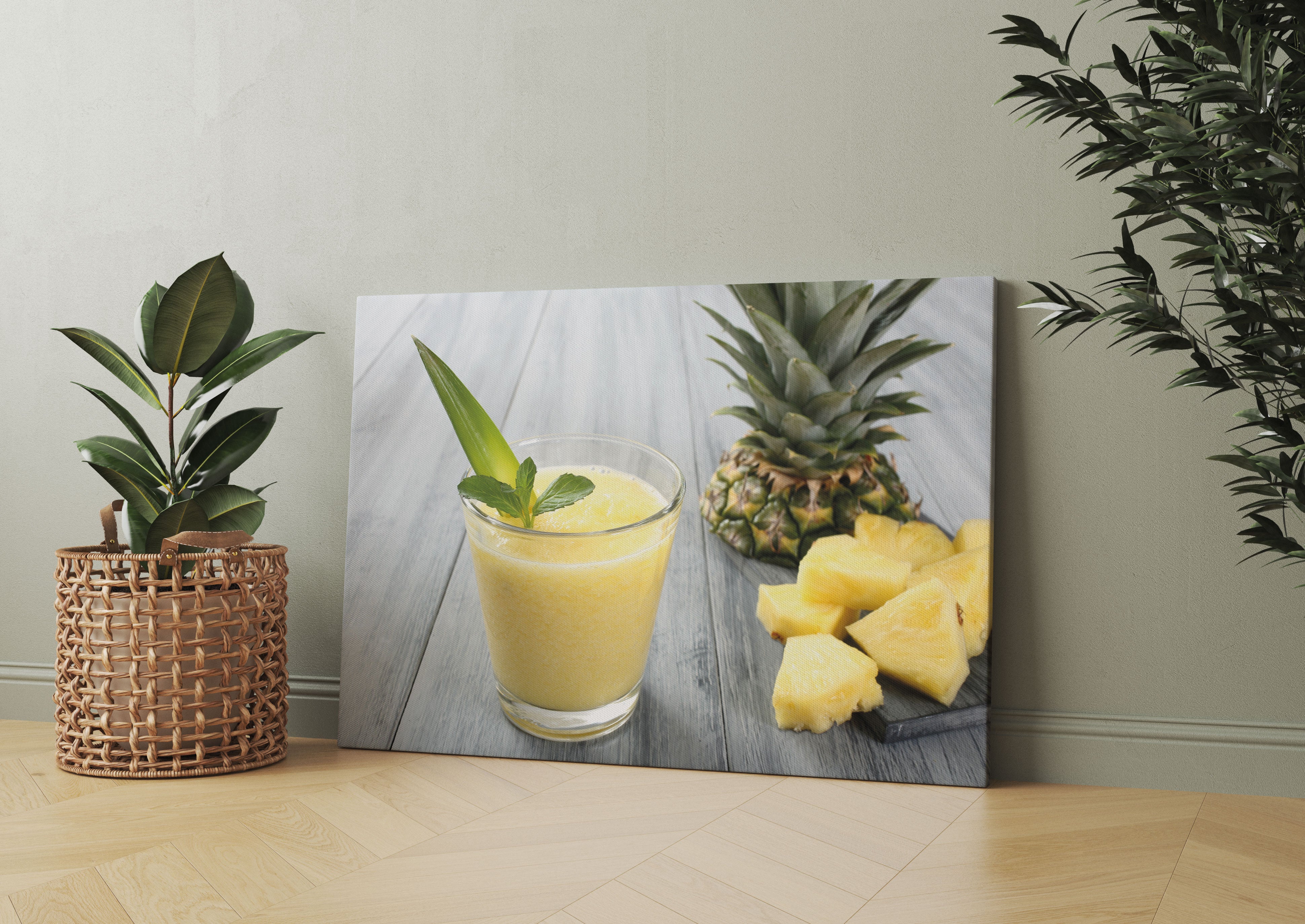 Ananas Cocktail auf Holztisch Leinwandbild Wohnzimmer