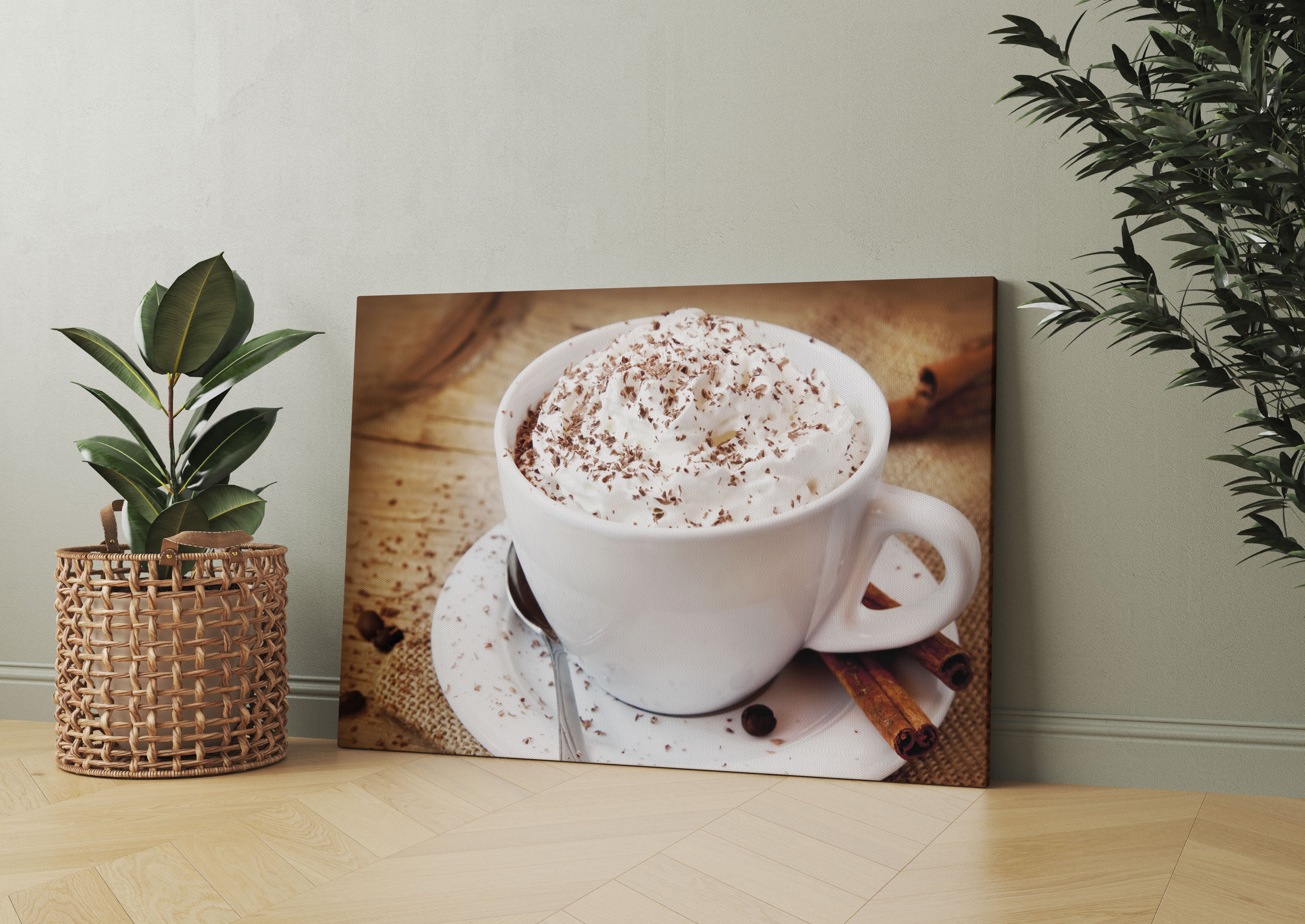 Frischer Kaffee mit Schokostreusel Leinwandbild Wohnzimmer