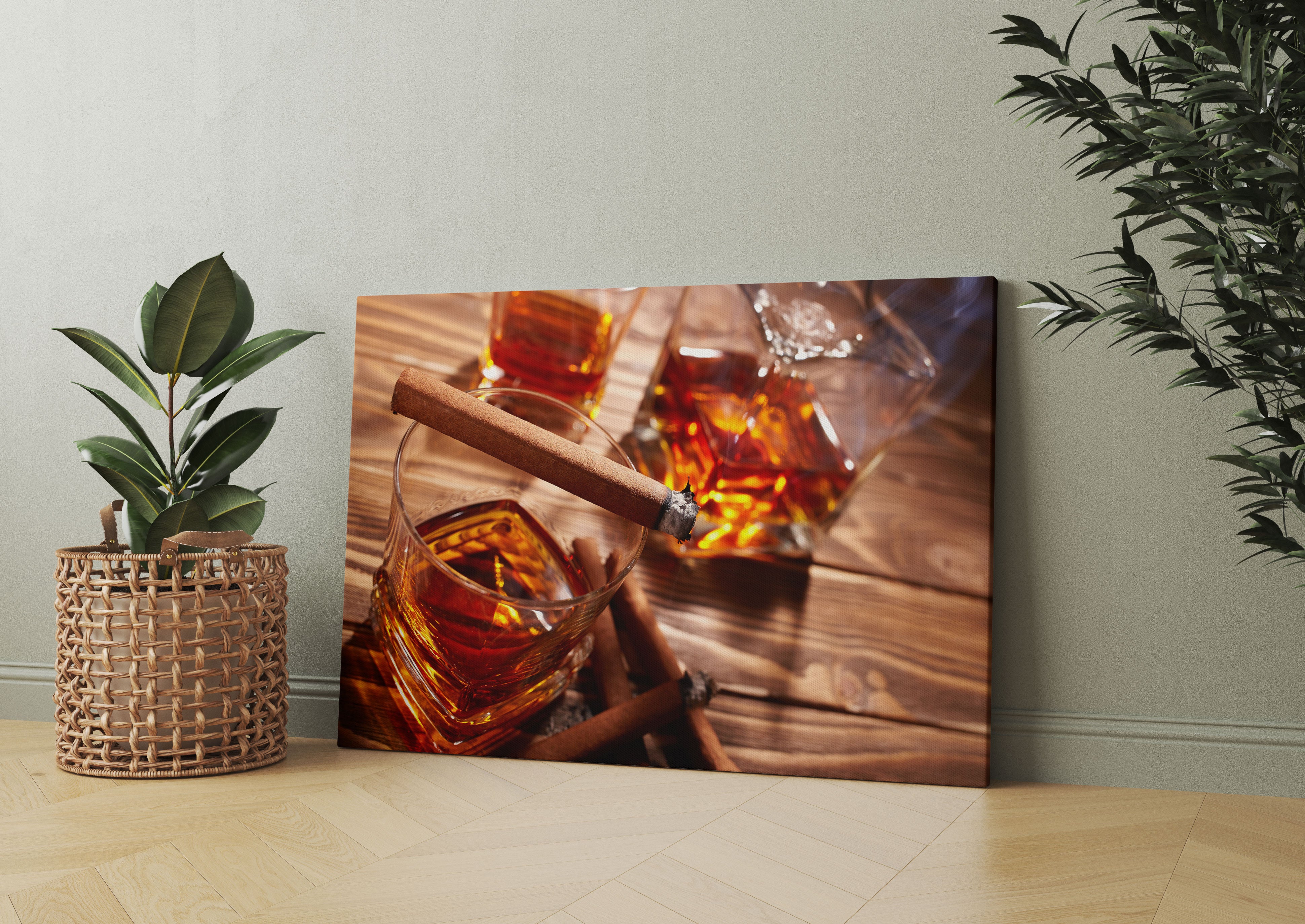 Edler Whiskey mit Zigarre Leinwandbild Wohnzimmer