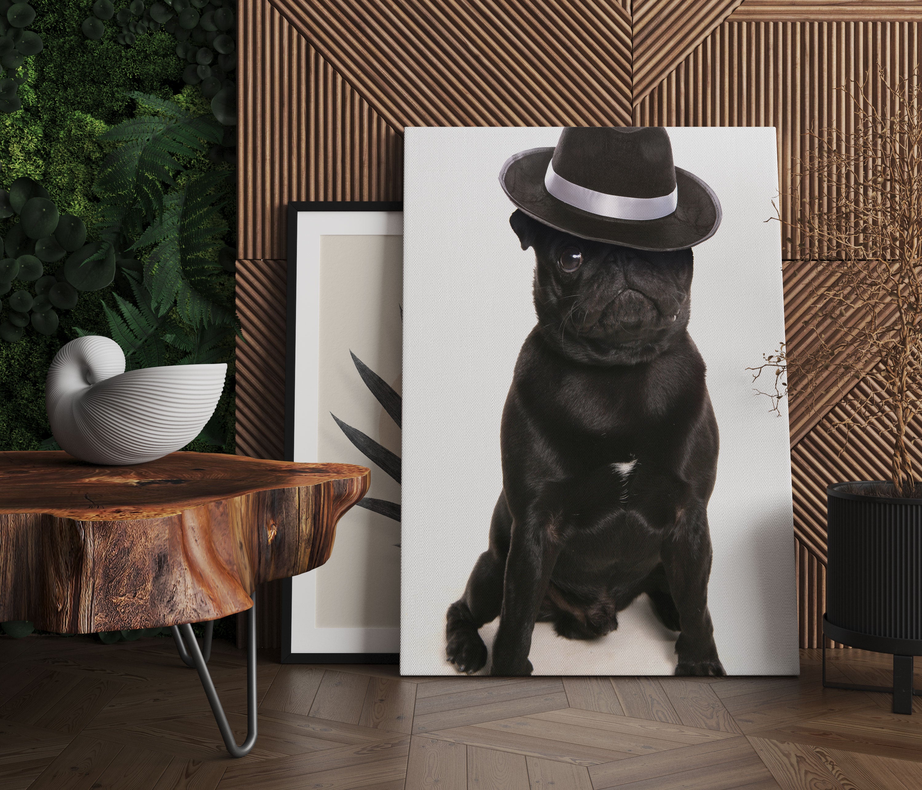 Mops mit Mafia Hut Leinwandbild Regal