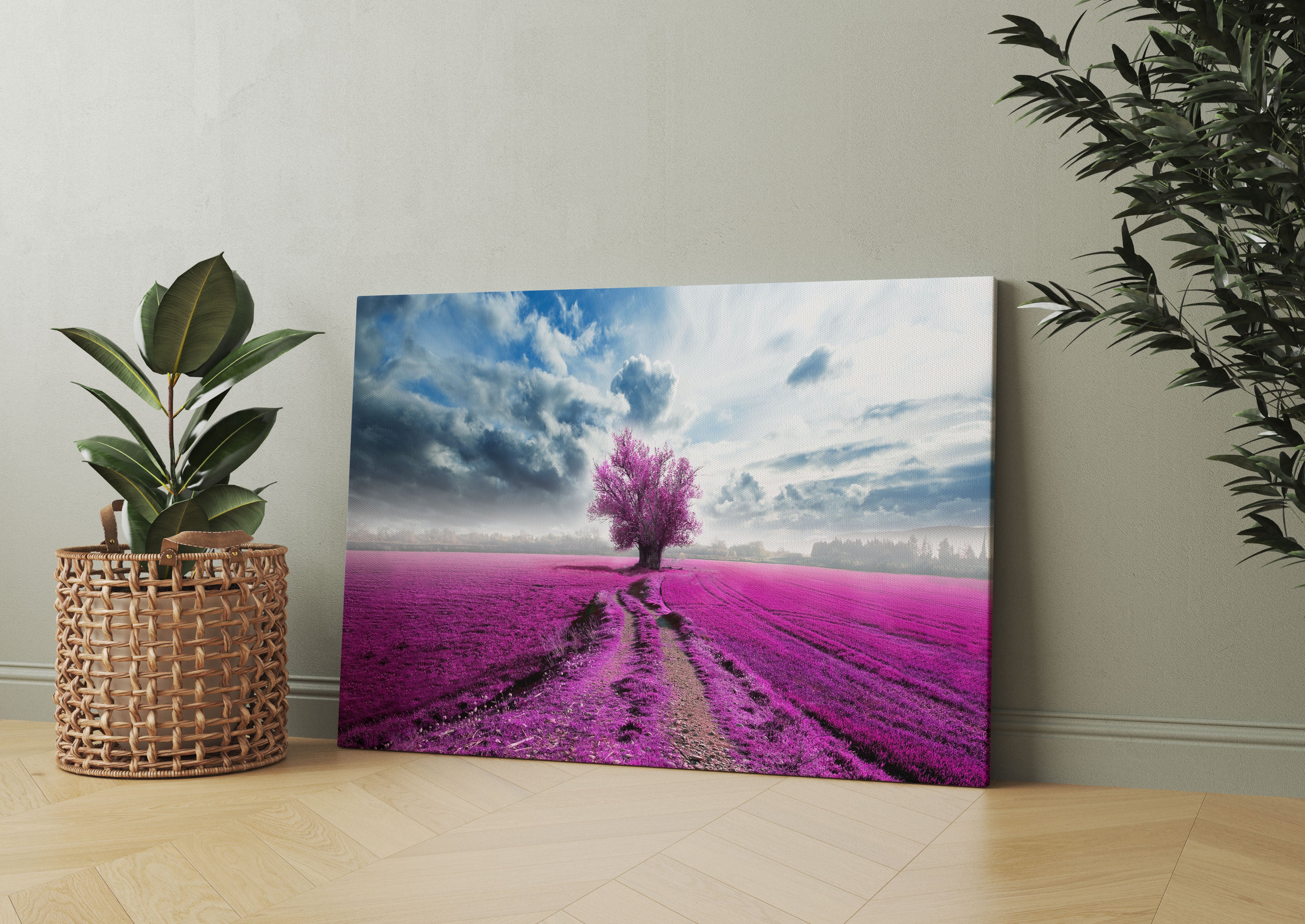 Pinkes Feld mit pinkem Baum Leinwandbild Wohnzimmer