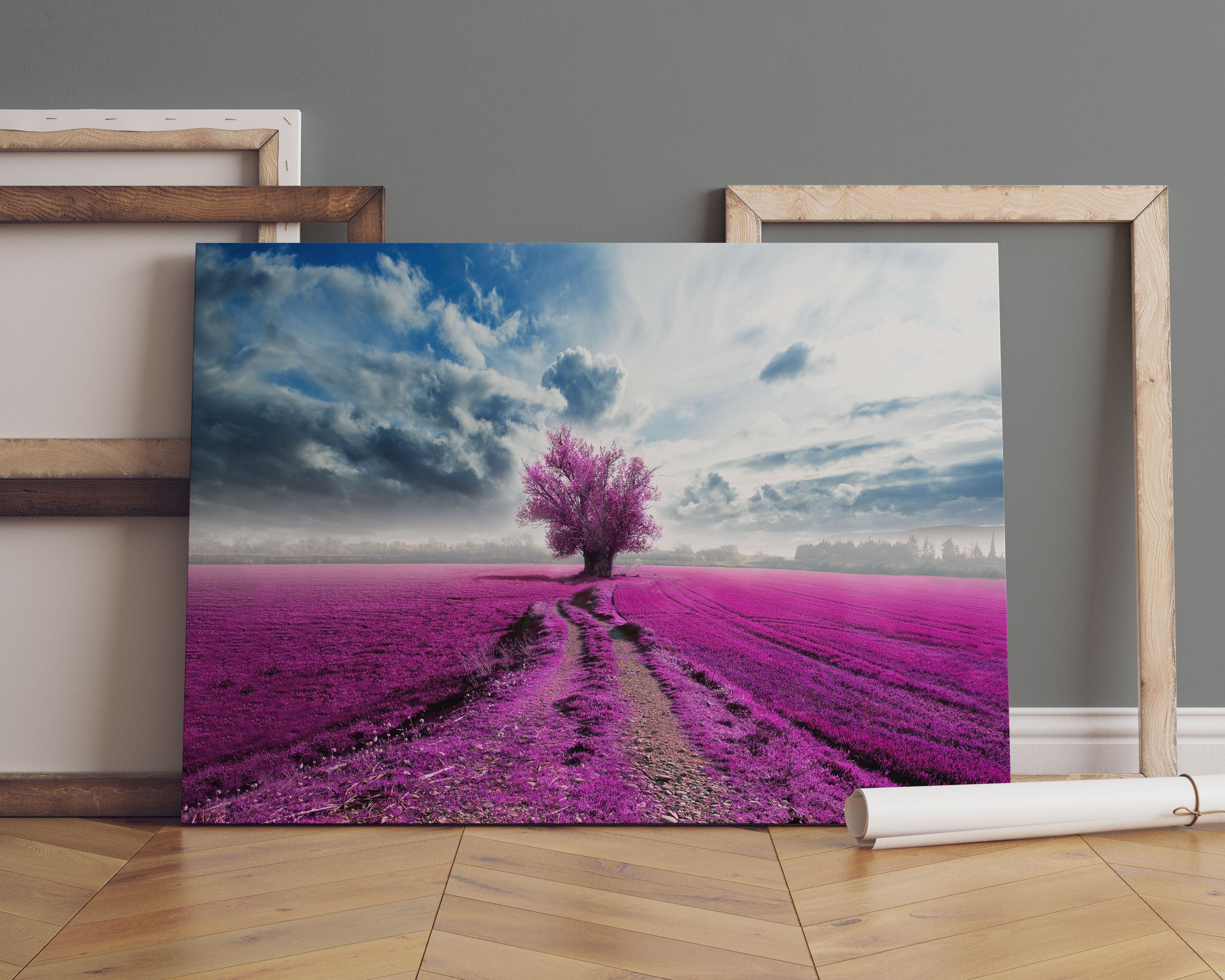 Pinkes Feld mit pinkem Baum Leinwandbild Sofa