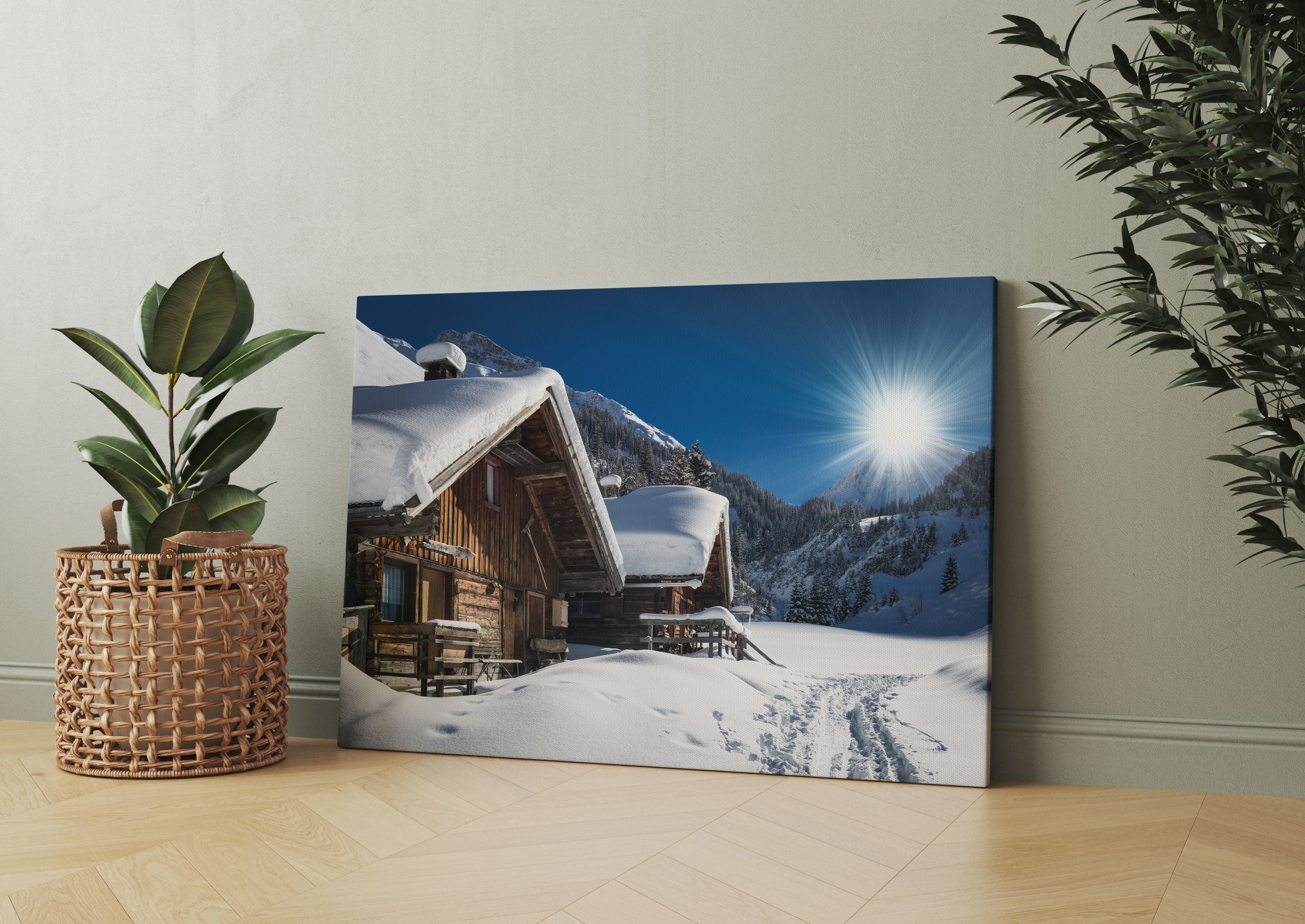 Verschneite Alpenhütte Leinwandbild Wohnzimmer