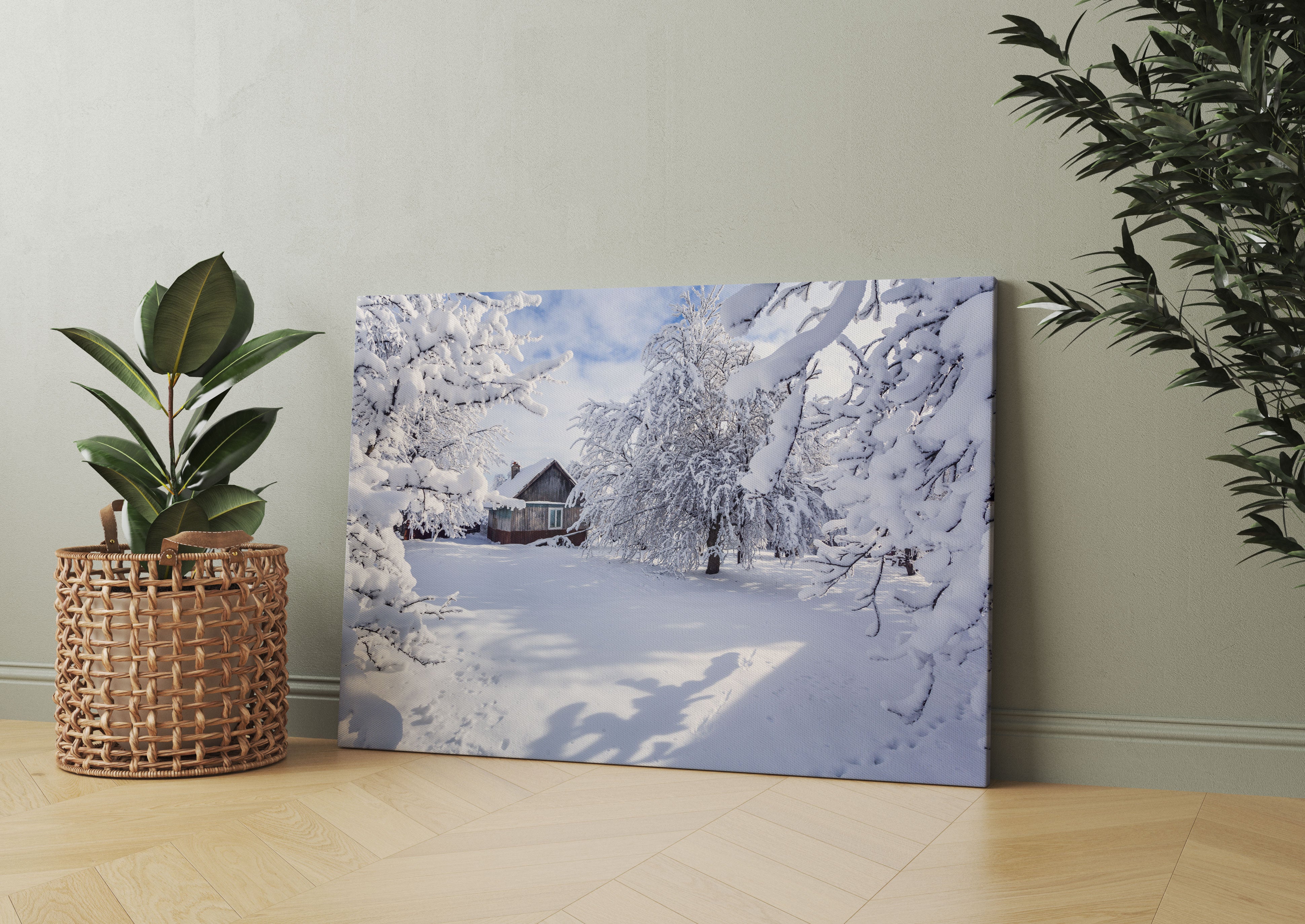 Winterlandschaft mit Hütte Leinwandbild Wohnzimmer