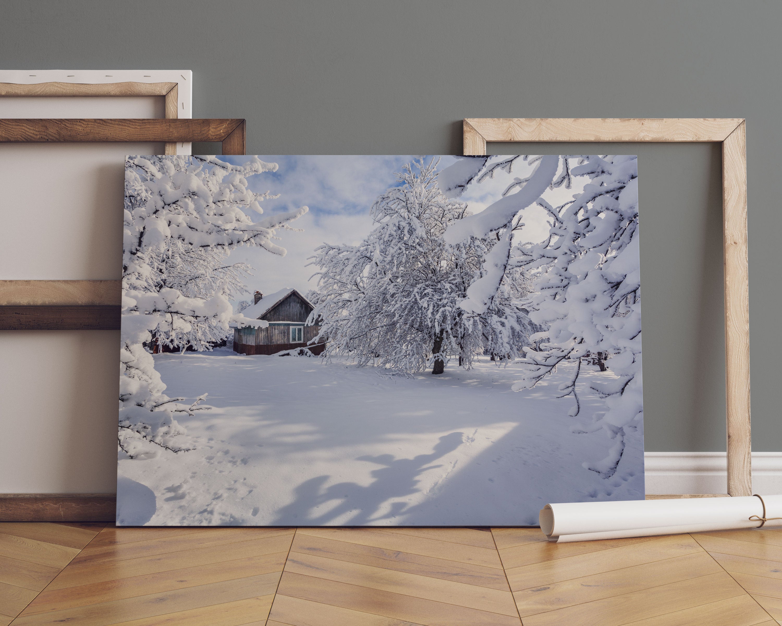 Winterlandschaft mit Hütte Leinwandbild Sofa