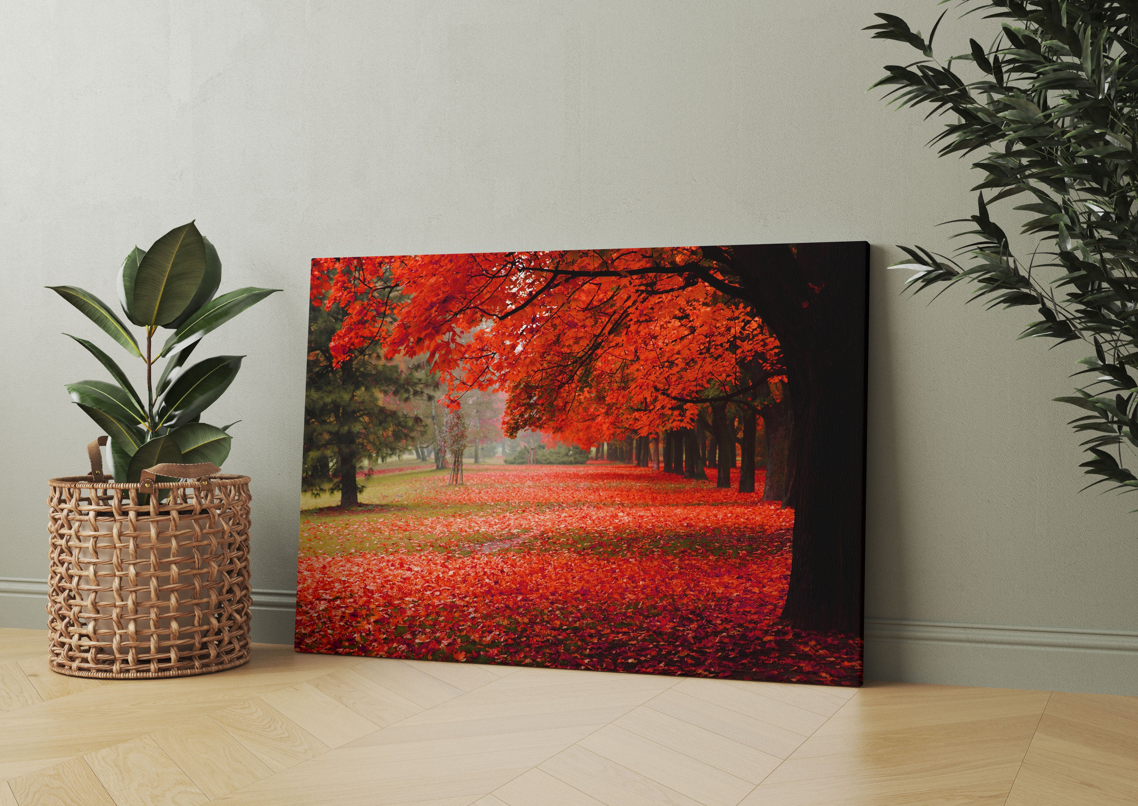 Rot gefärbter Park im Herbst Leinwandbild Wohnzimmer