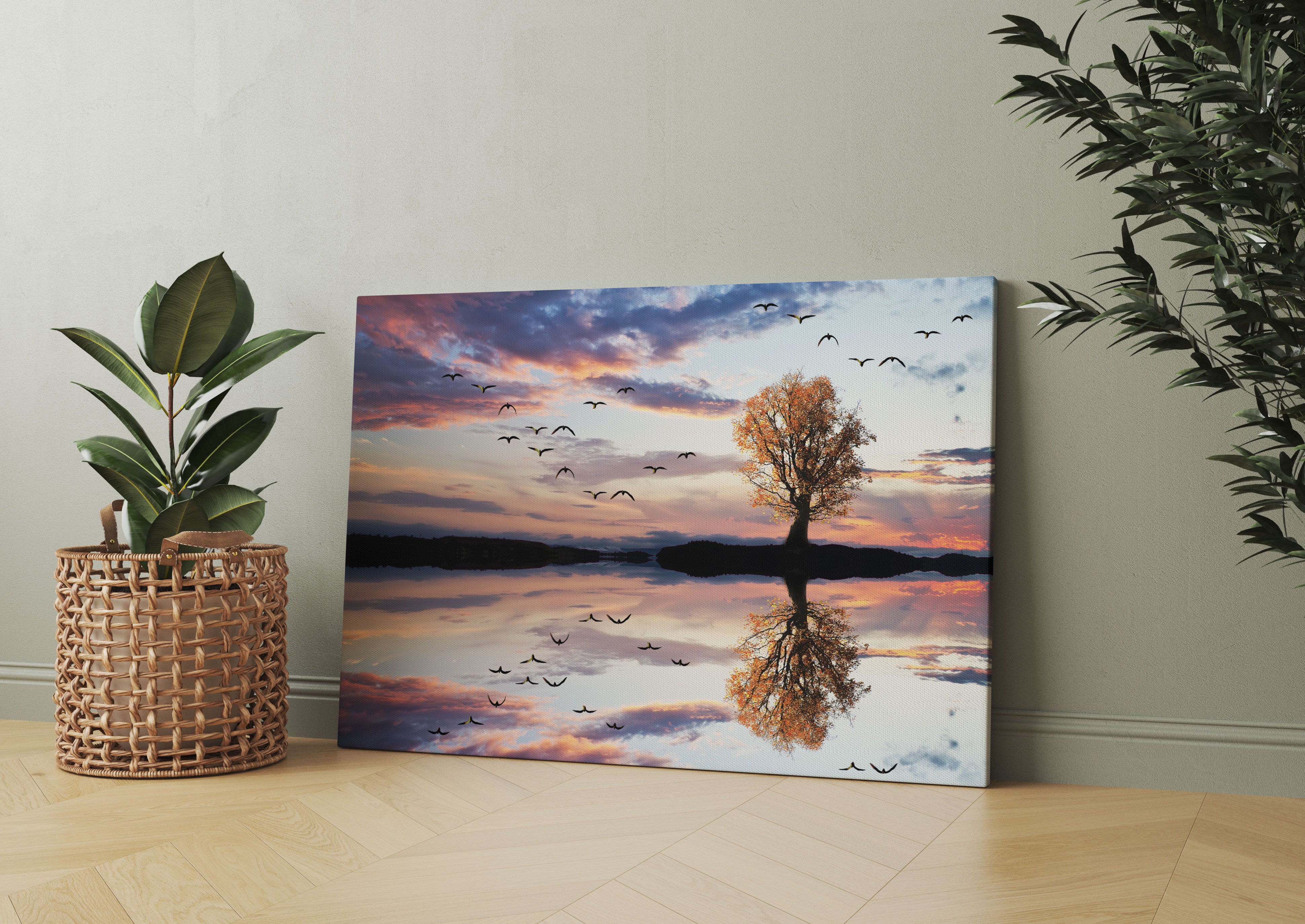 Baum spiegelt sich im Wasser Leinwandbild Wohnzimmer