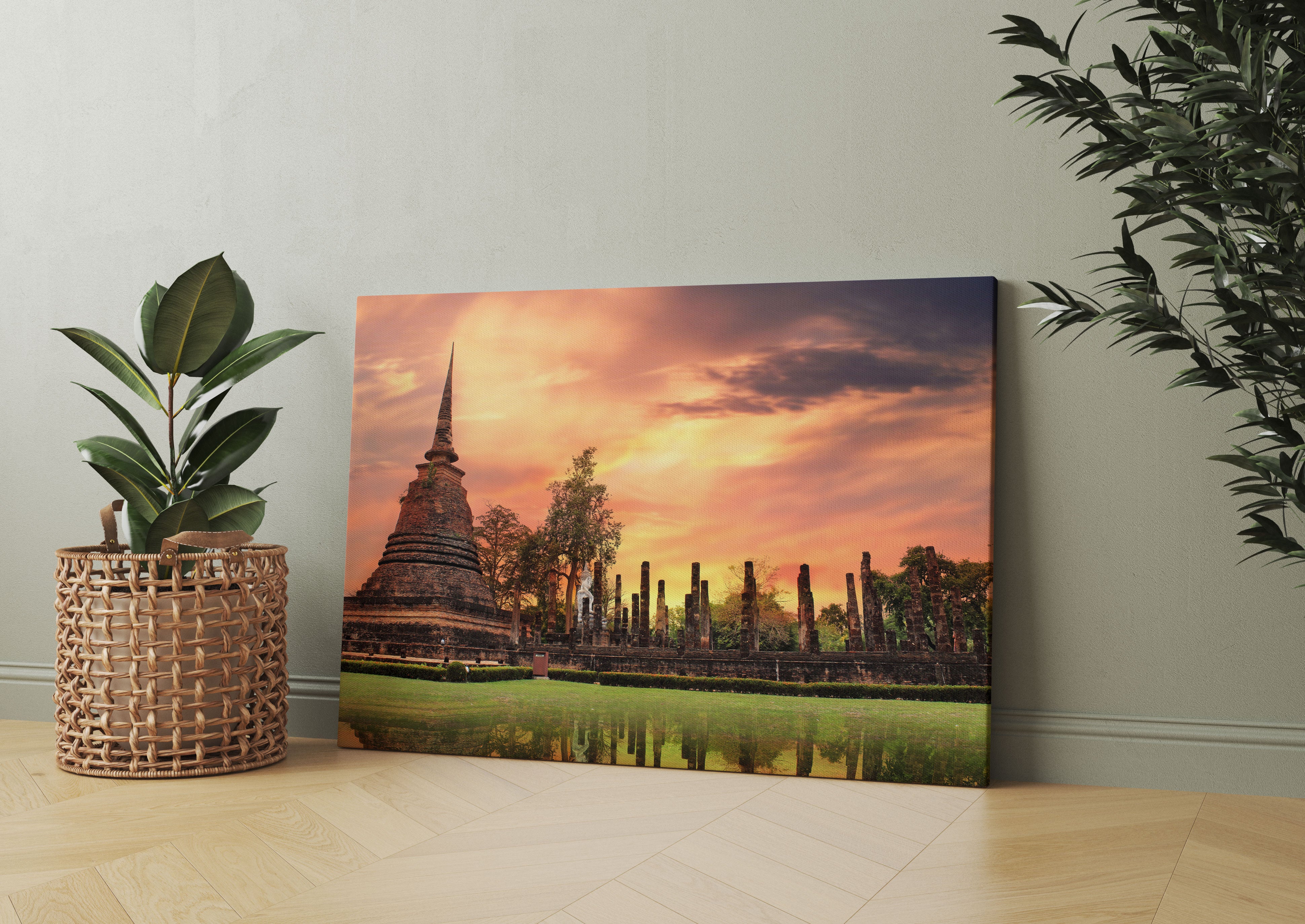 Buddha Tempel im Sonnenuntergang Leinwandbild Wohnzimmer