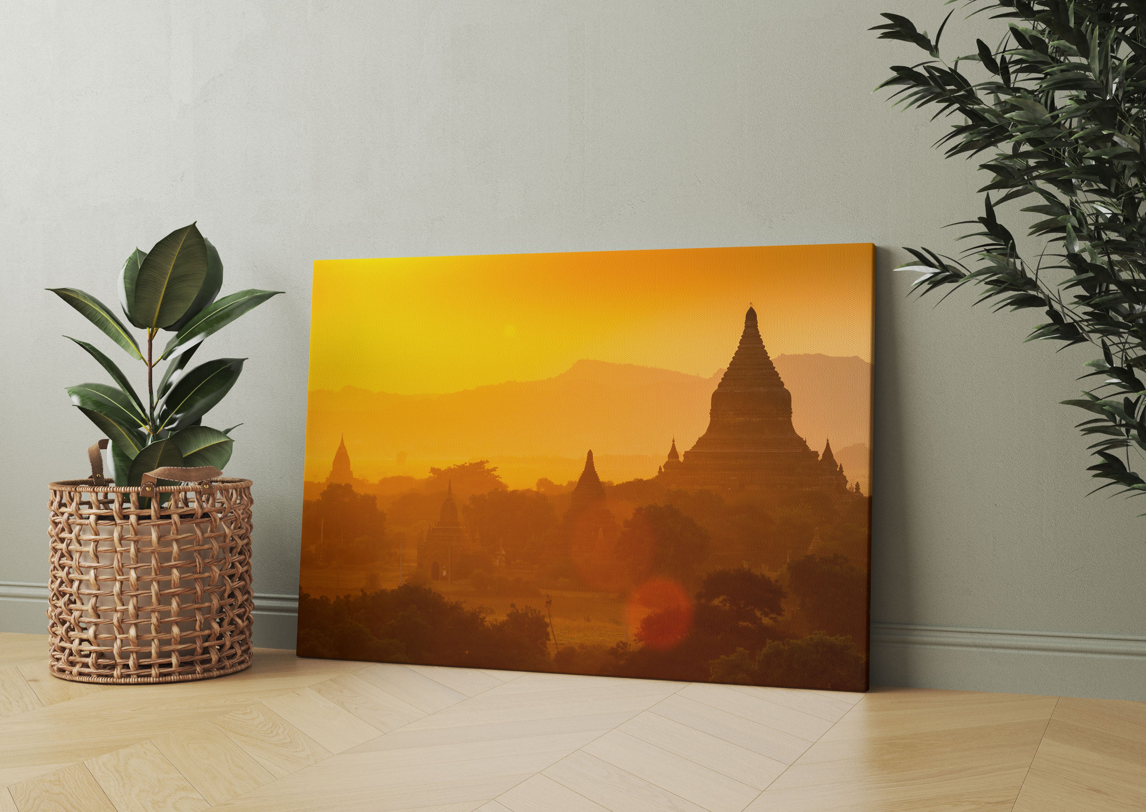 Buddha Tempel im Sonnenuntergang Leinwandbild Wohnzimmer