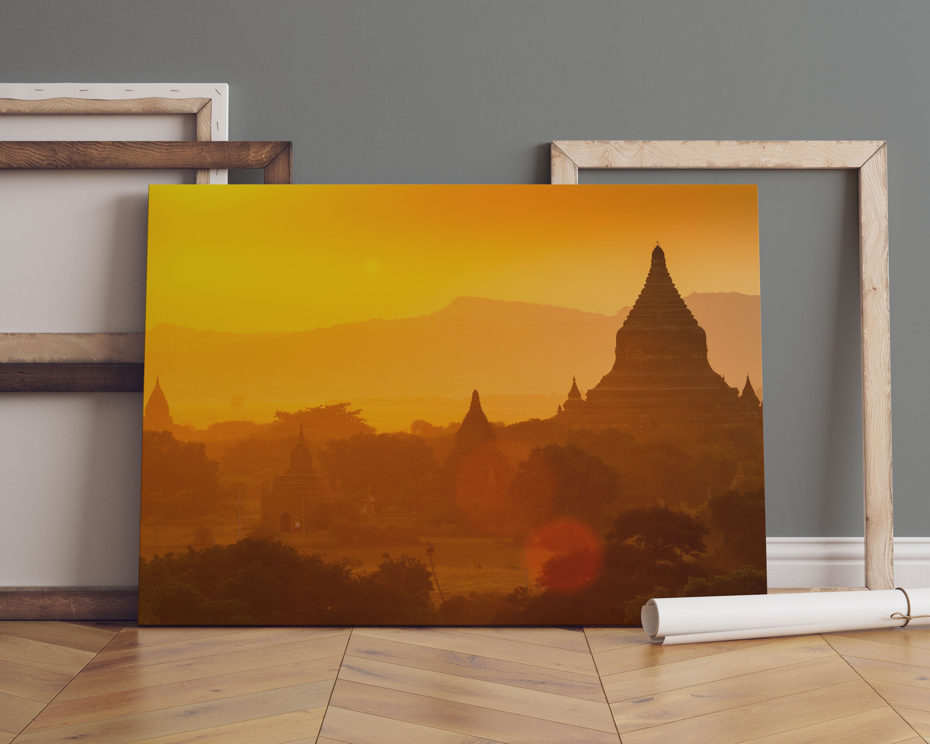 Buddha Tempel im Sonnenuntergang Leinwandbild Sofa