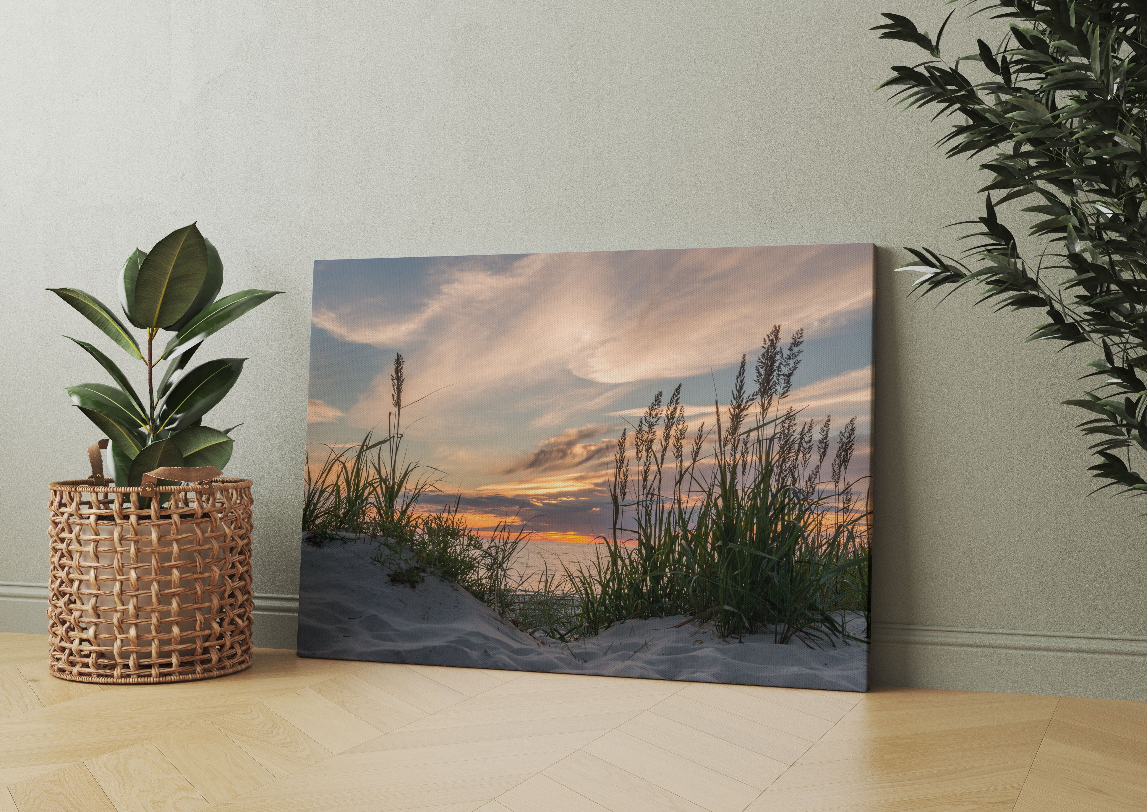 Gras am Strand bei Sonnenuntergang Leinwandbild Wohnzimmer