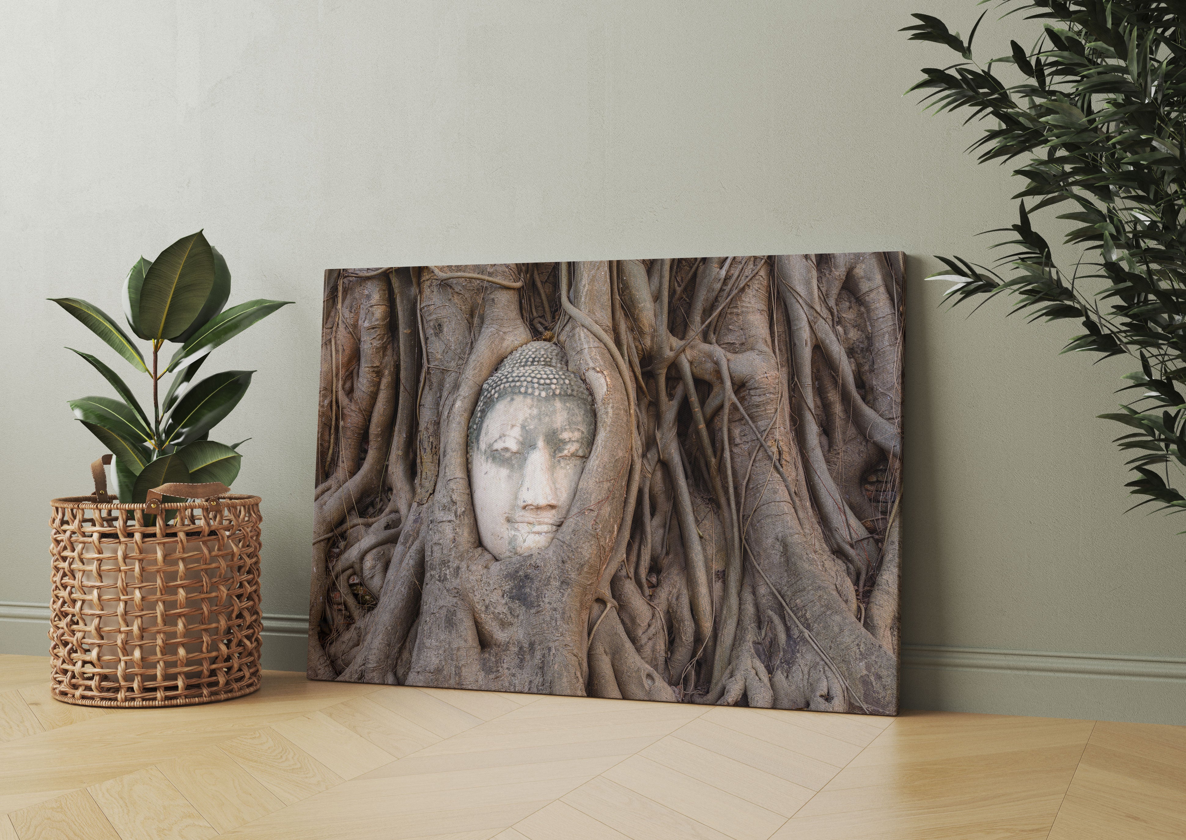 Buddha Kopf im Baum Leinwandbild Wohnzimmer