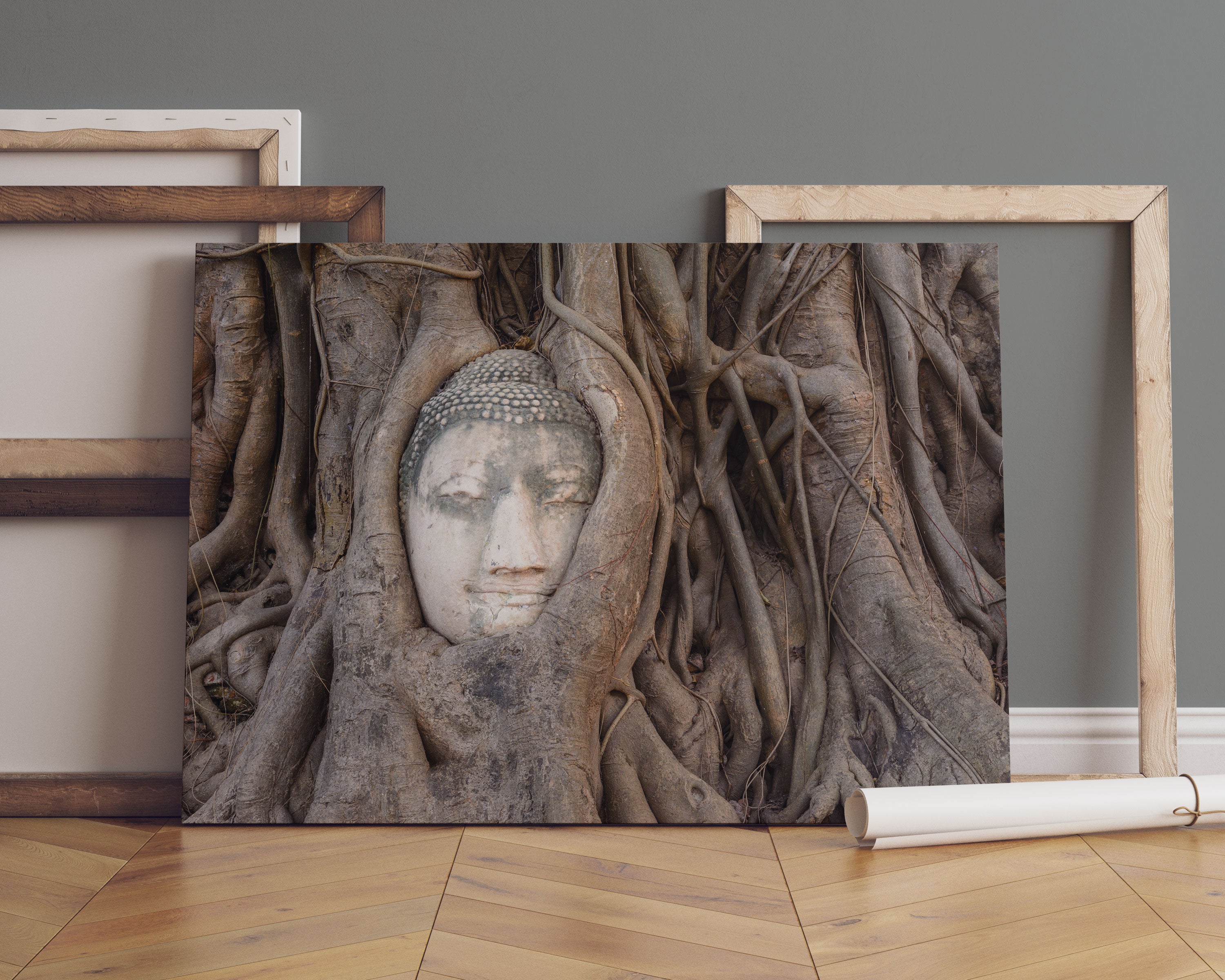 Buddha Kopf im Baum Leinwandbild Sofa