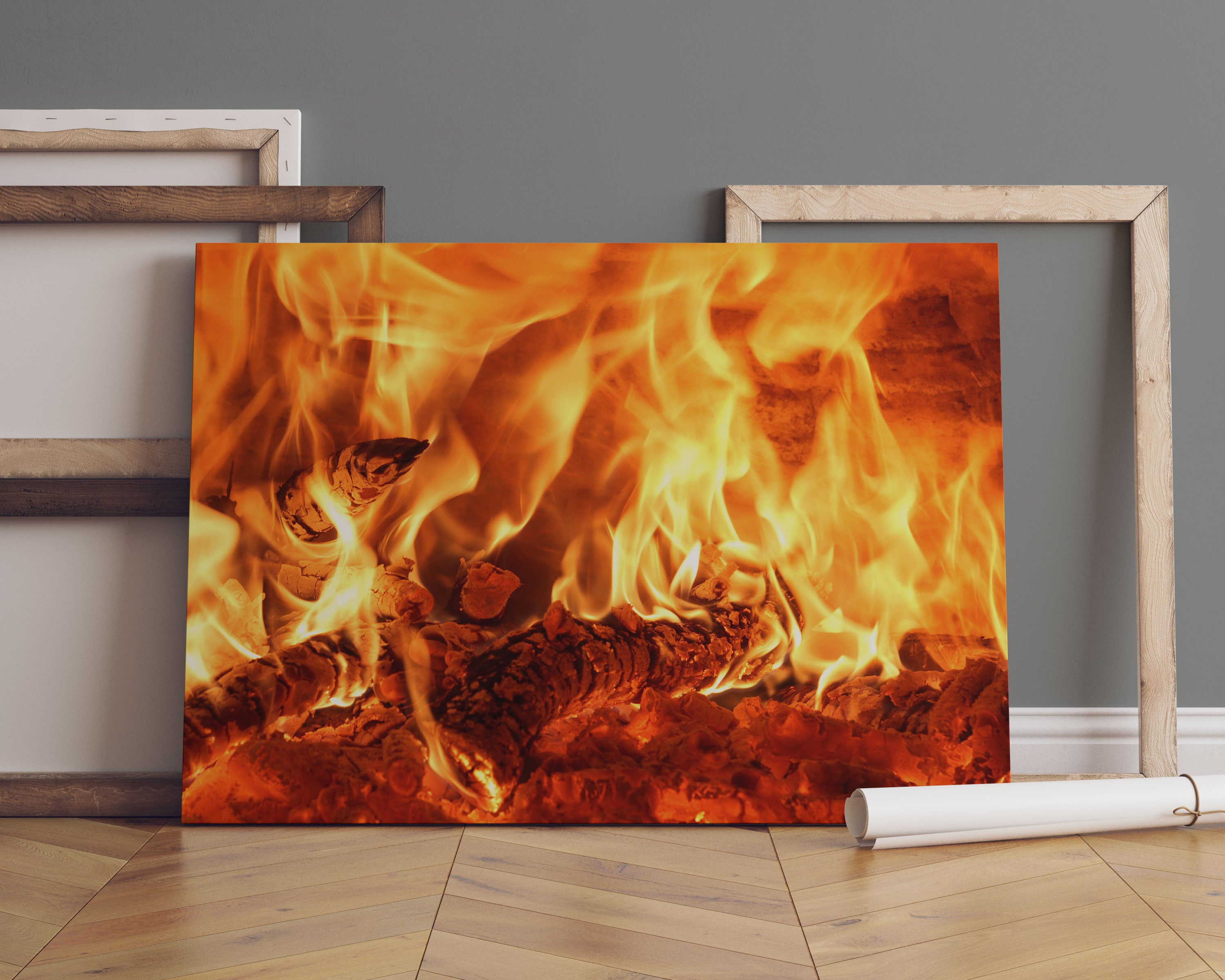 Gemütliches Holz im Feuer Leinwandbild Sofa