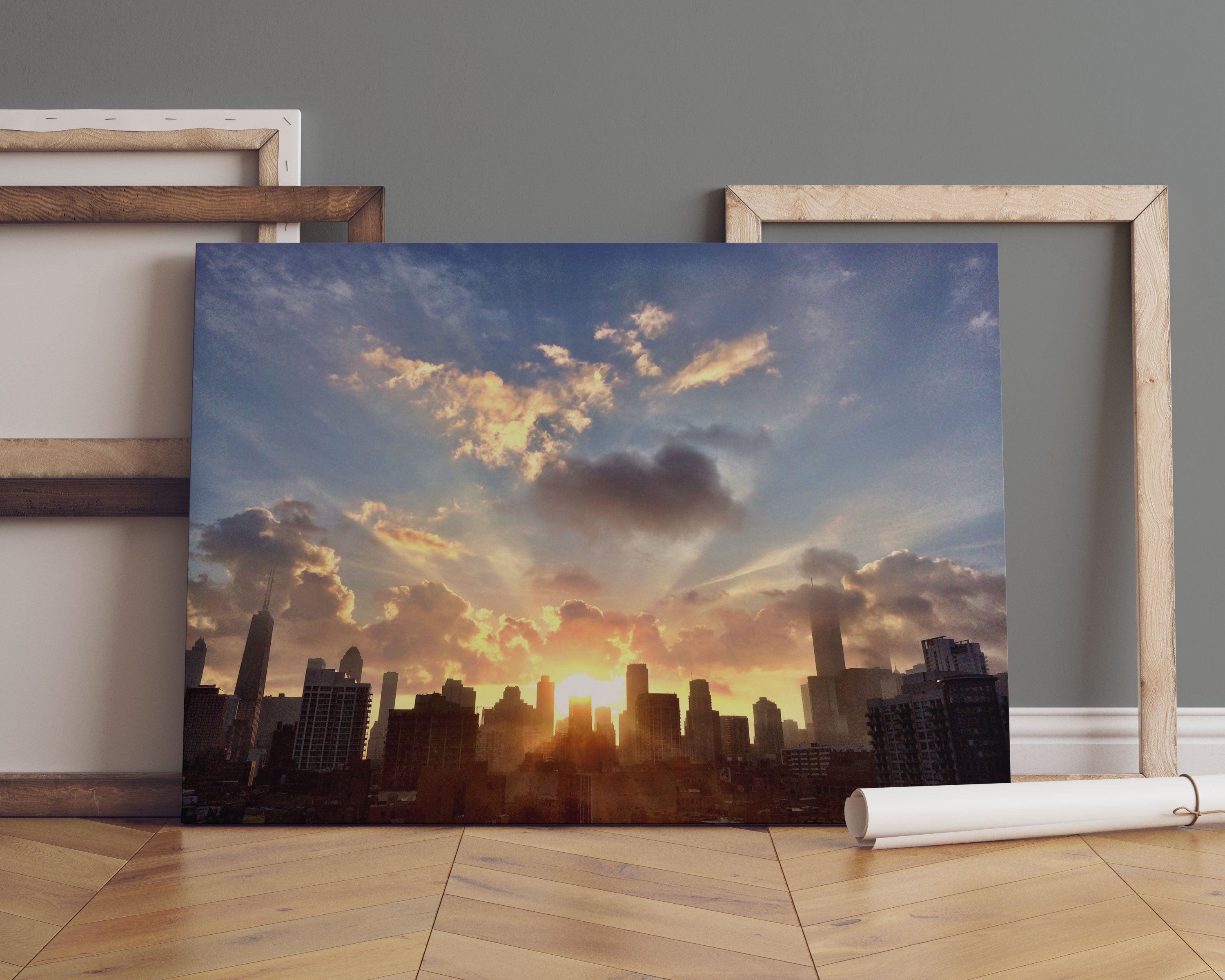 Chicago Skyline im Sonnenaufgang Leinwandbild Sofa