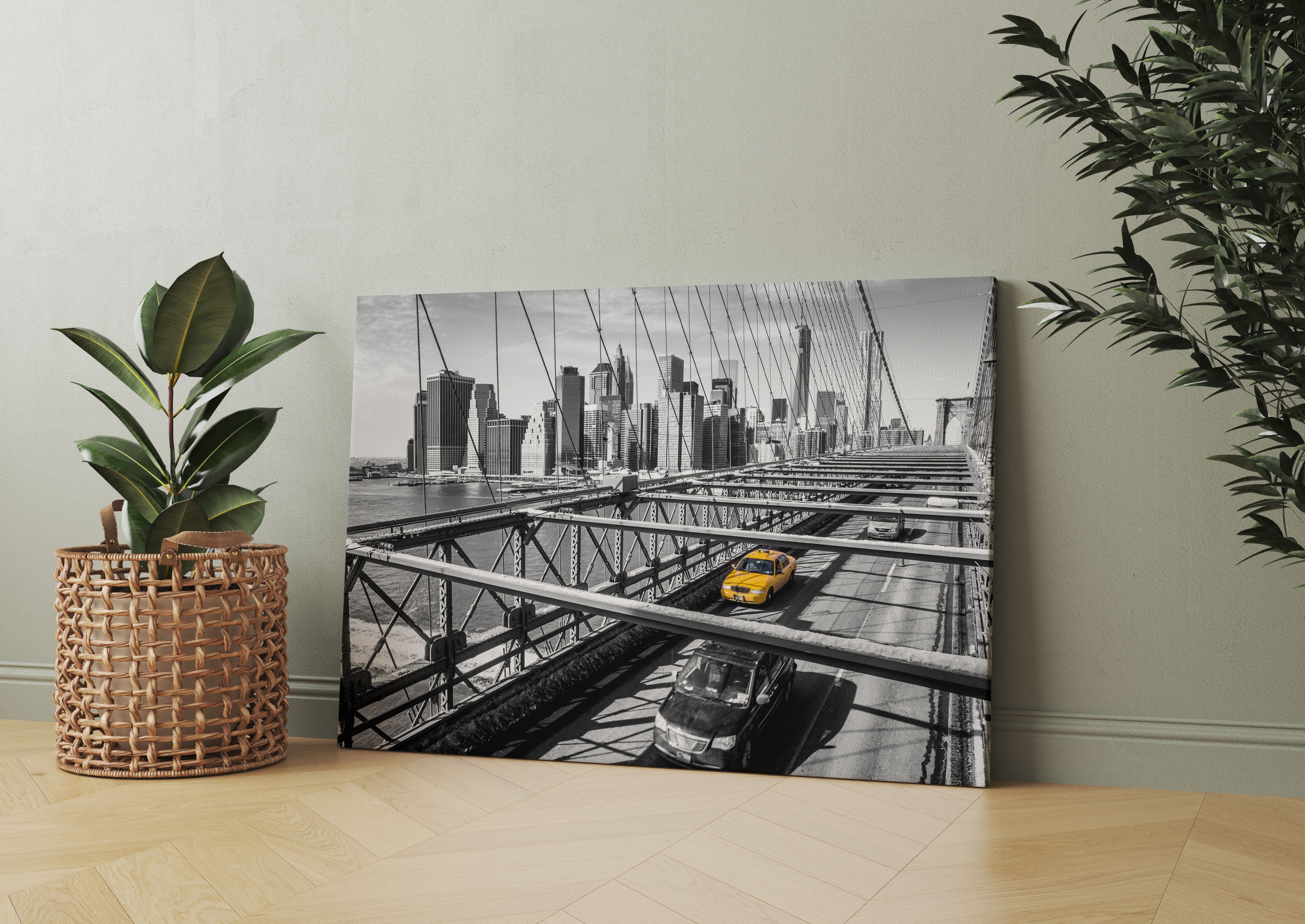 Gelbes Taxi in New York auf Brücke Leinwandbild Wohnzimmer