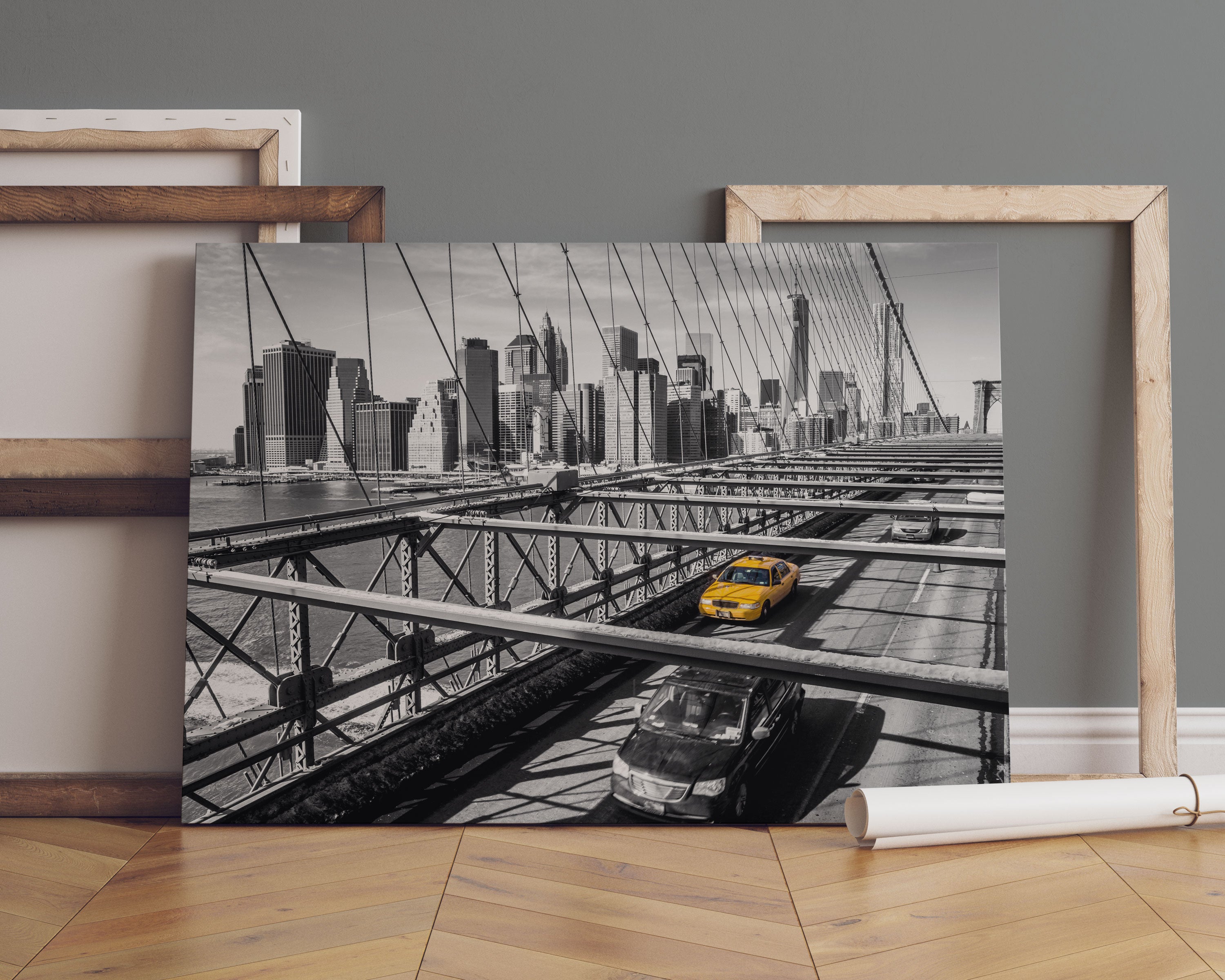 Gelbes Taxi in New York auf Brücke Leinwandbild Sofa