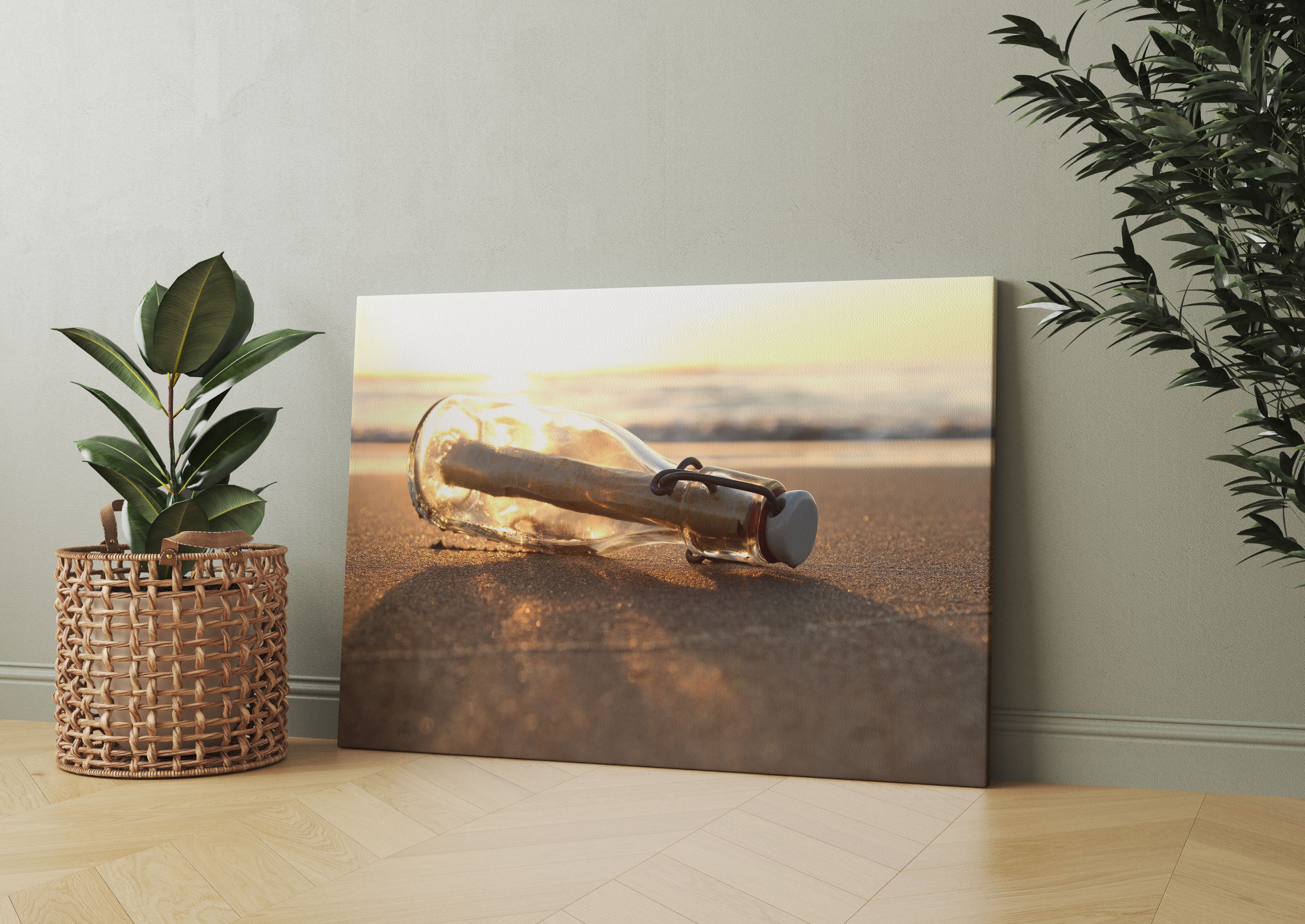 Flaschenpost am Strand Leinwandbild Wohnzimmer