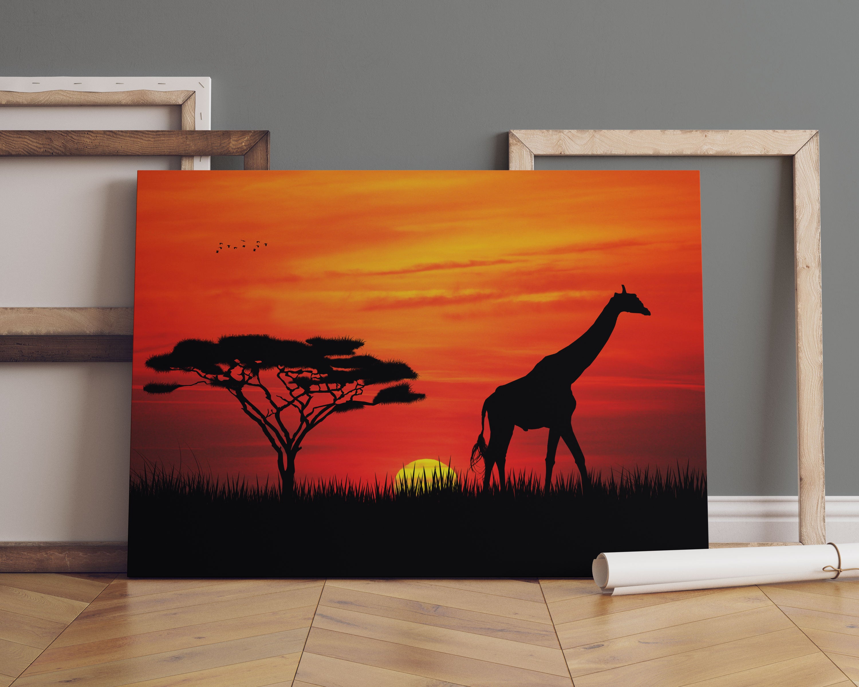 Giraffe im Sonnenuntergang Leinwandbild Sofa