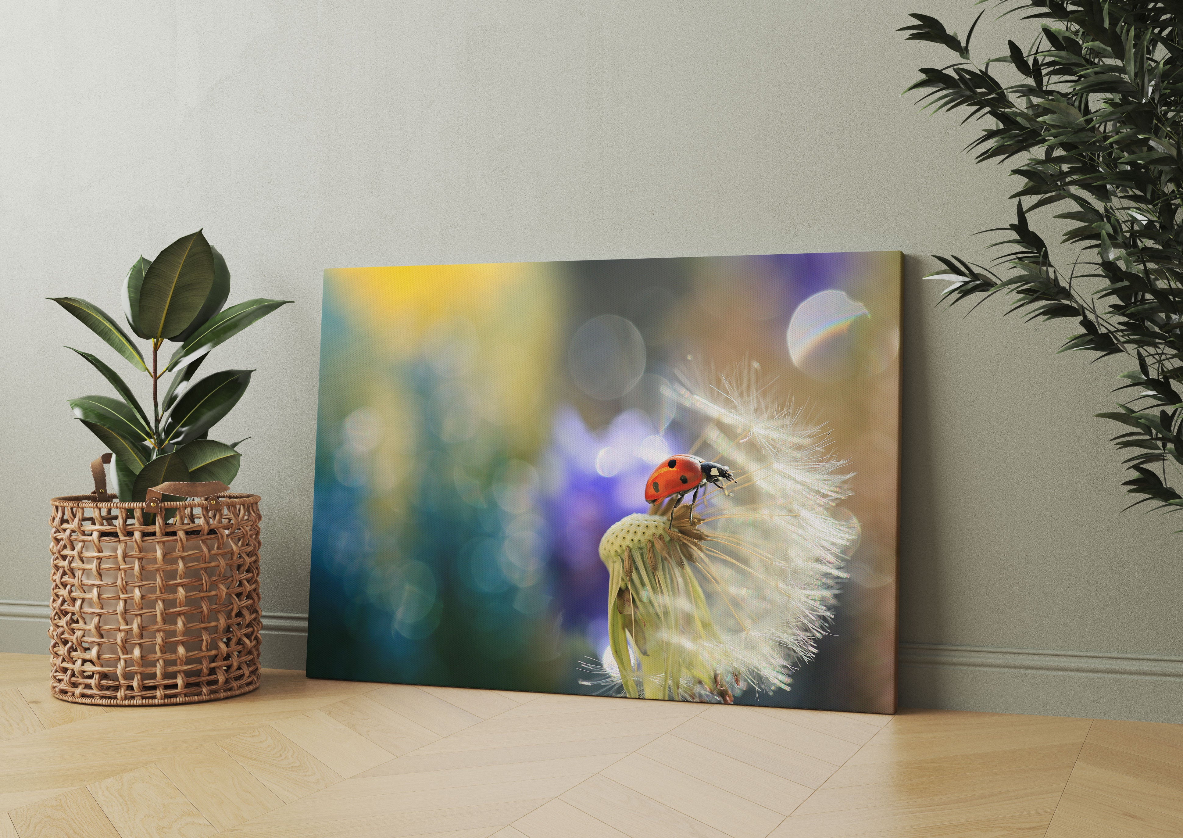 Marienkäfer auf Pusteblume Leinwandbild Wohnzimmer