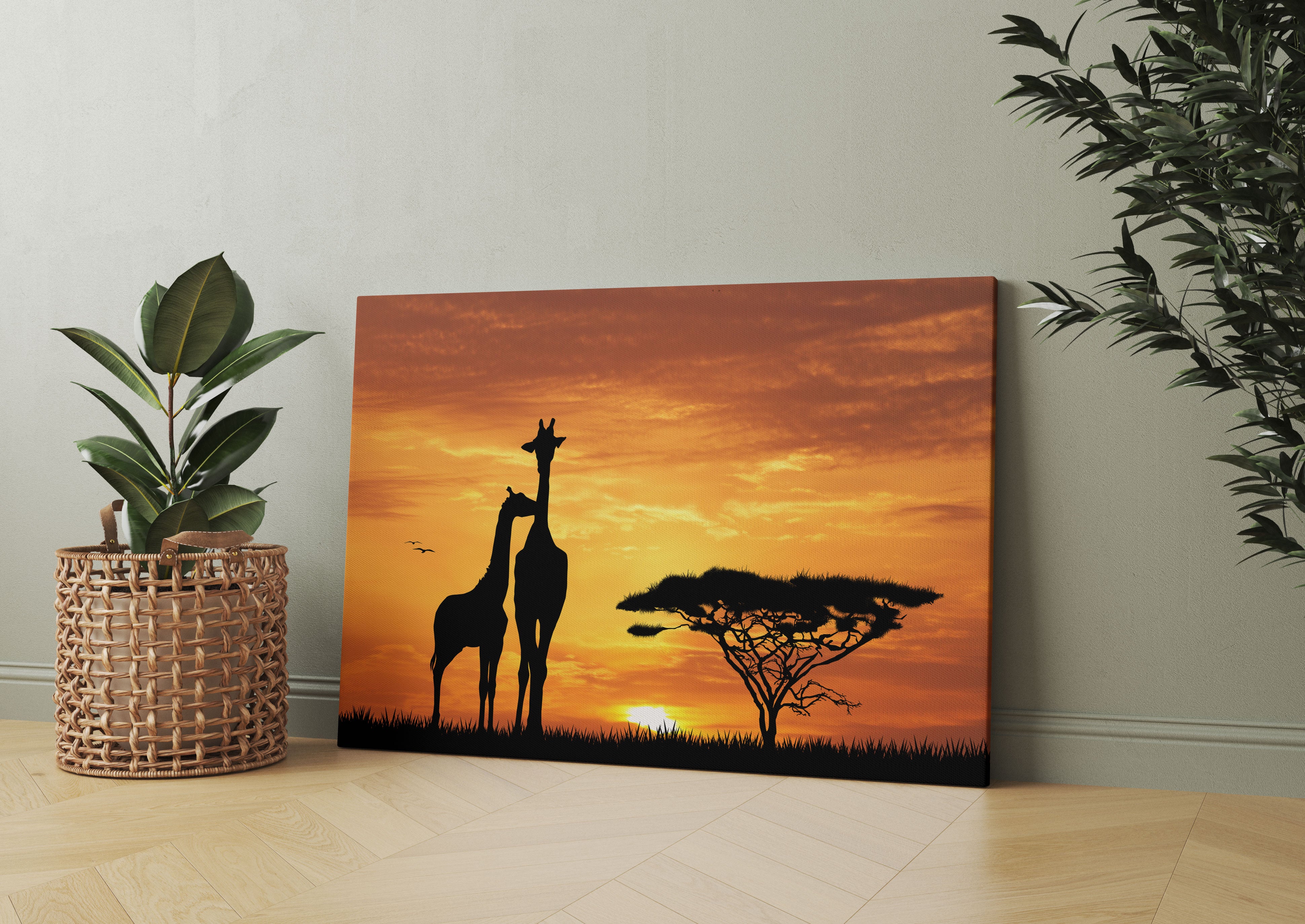 Giraffen im Sonnenuntergang Leinwandbild Wohnzimmer