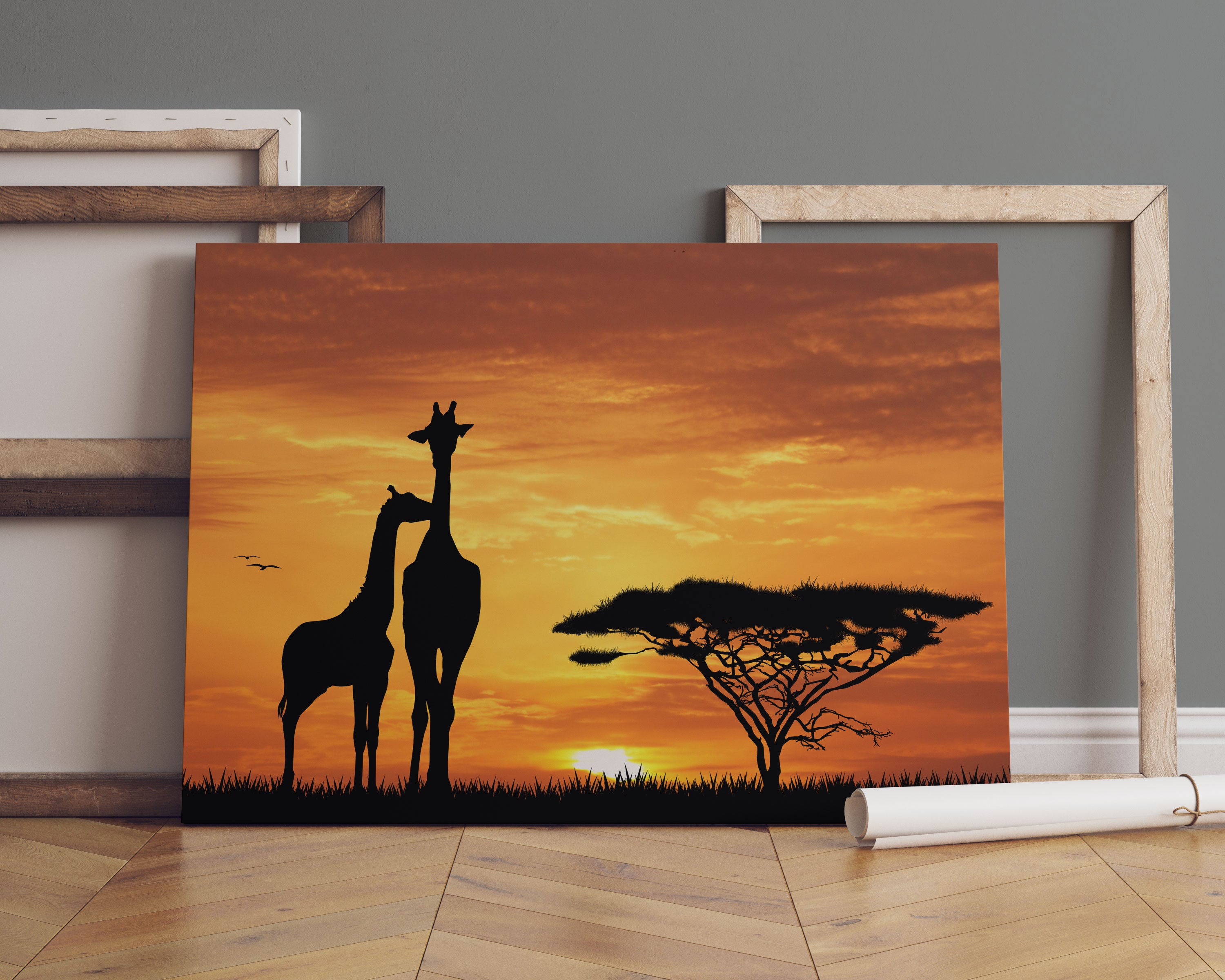 Giraffen im Sonnenuntergang Leinwandbild Sofa