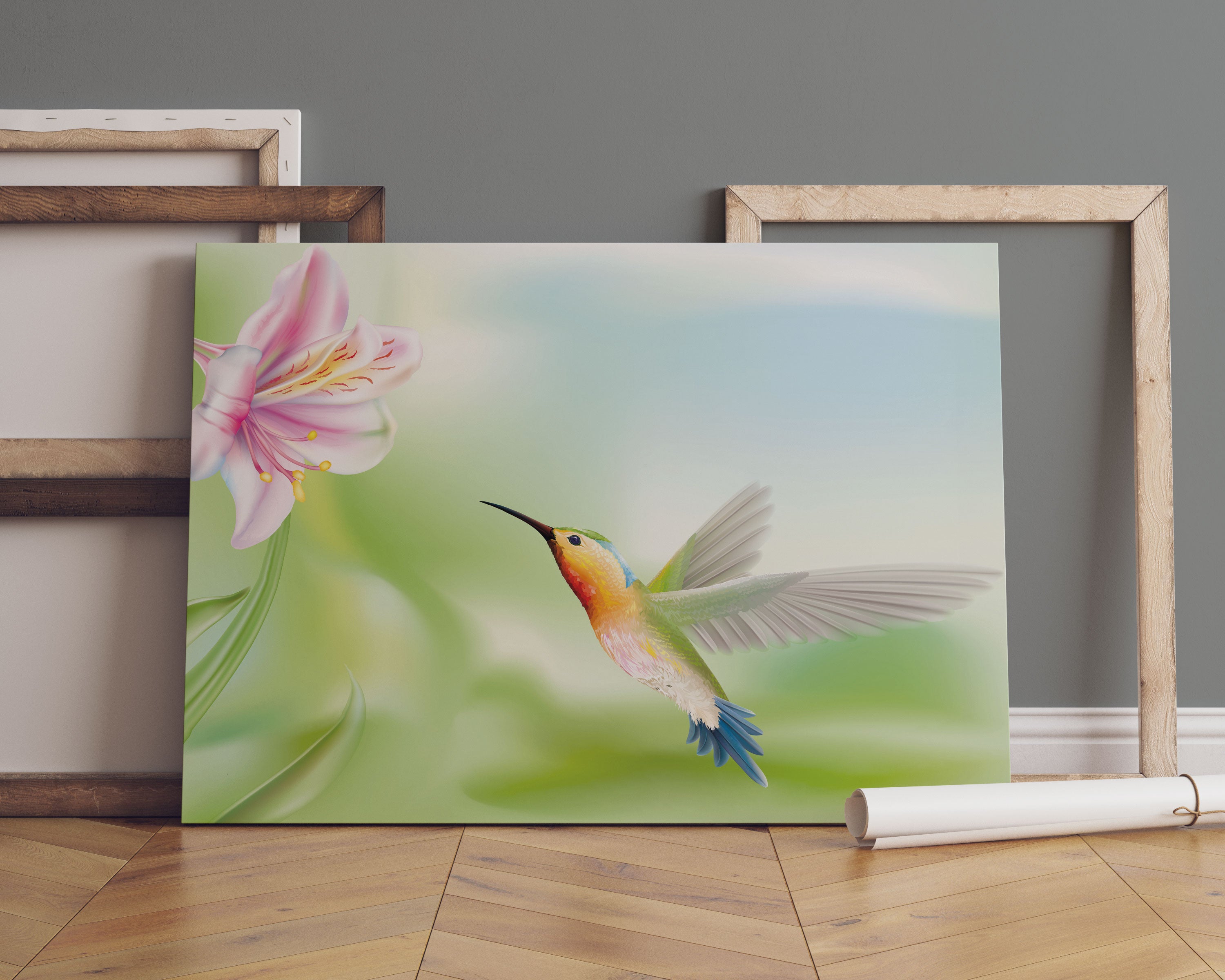 Wunderschöner Kolibri mit Blüte Leinwandbild Sofa