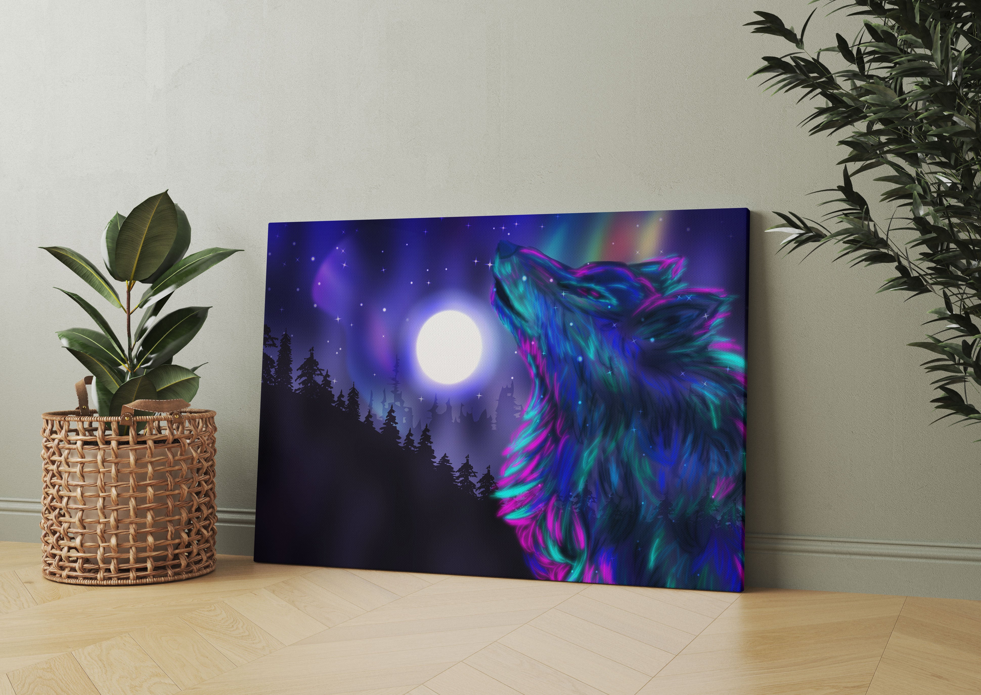 Abstrakter Wolf mit Mond Leinwandbild Wohnzimmer