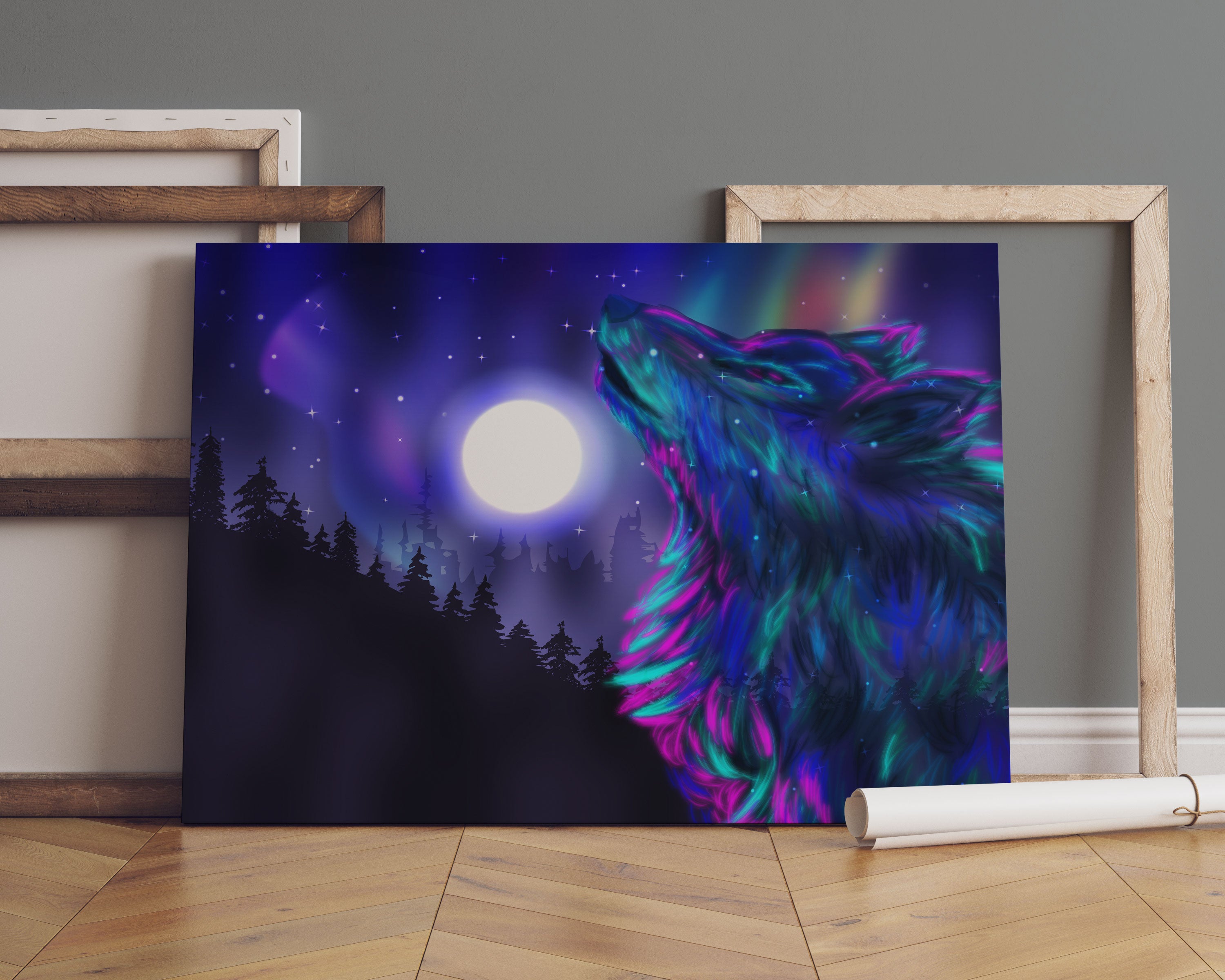 Abstrakter Wolf mit Mond Leinwandbild Sofa