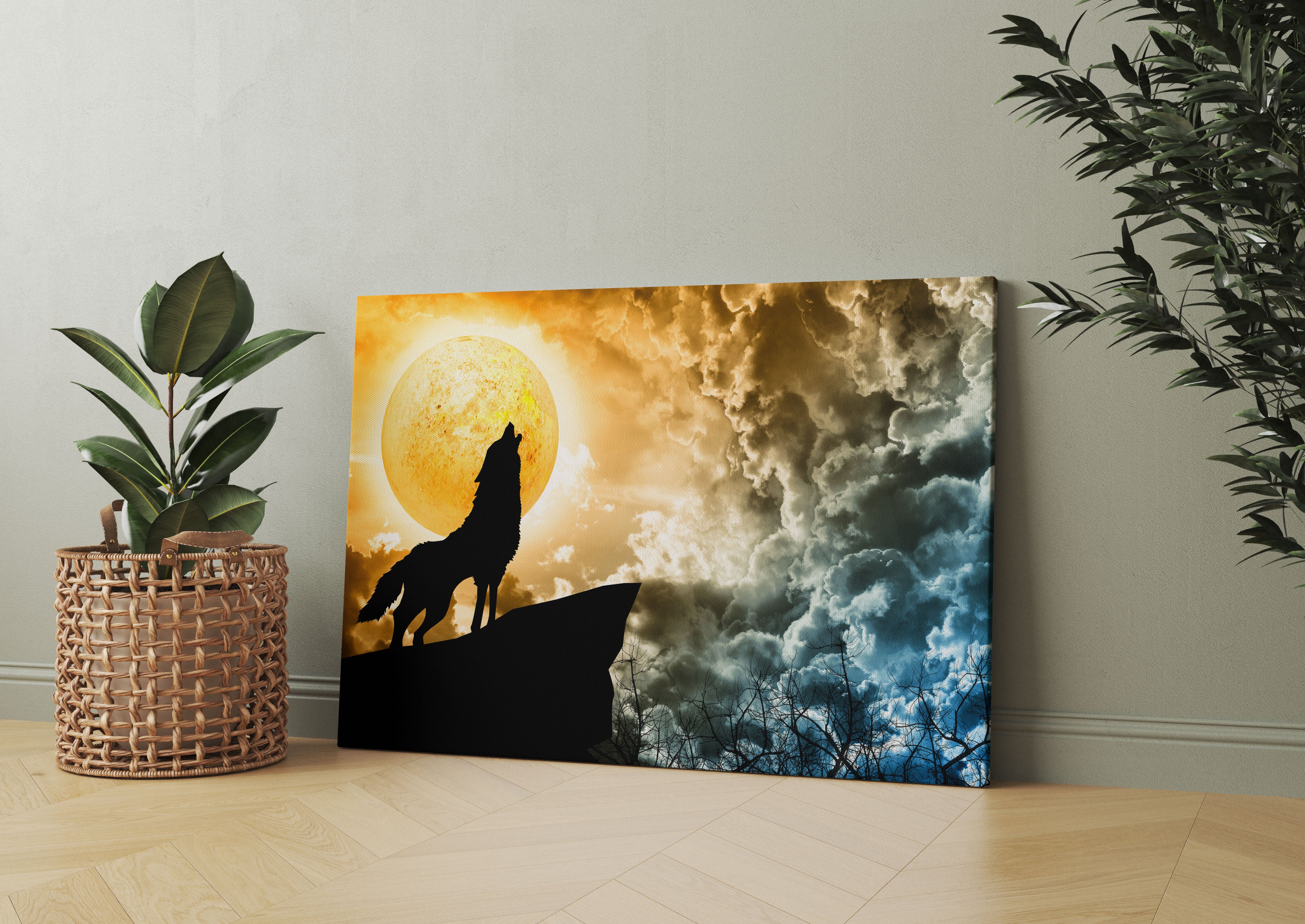 Wolf heult den Mond an Leinwandbild Wohnzimmer