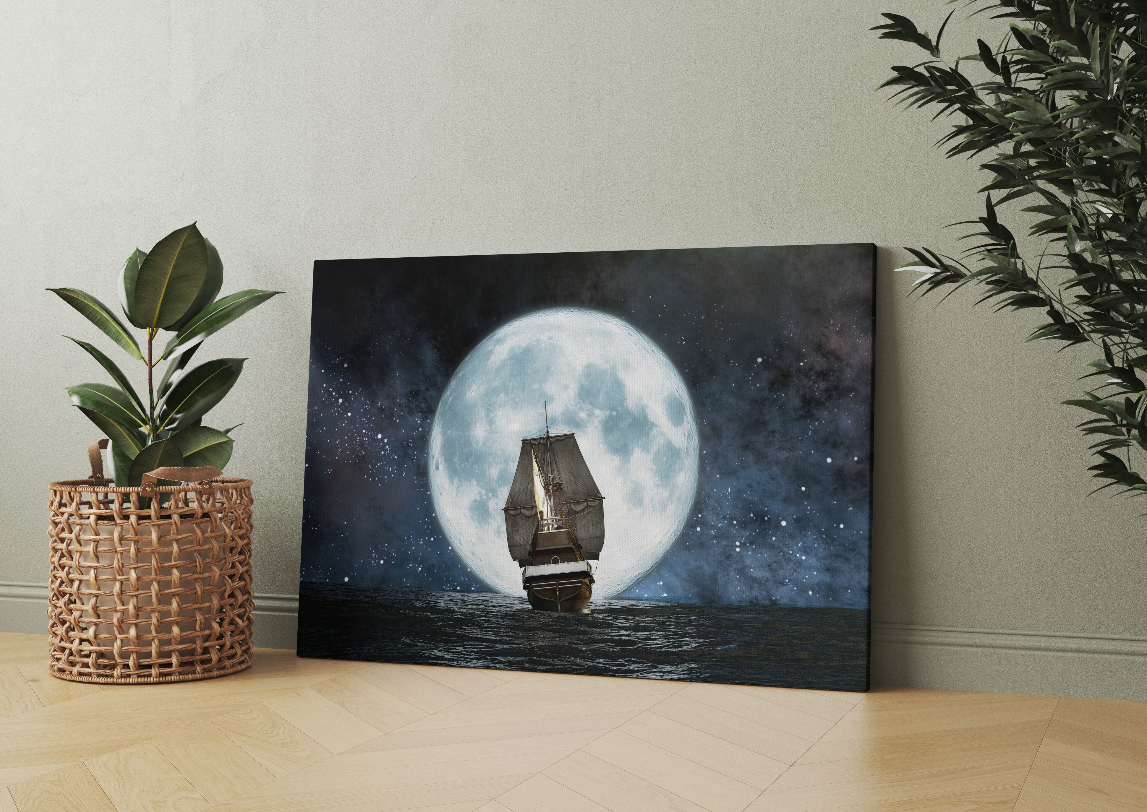 Segelschiff bei Vollmond Leinwandbild Wohnzimmer