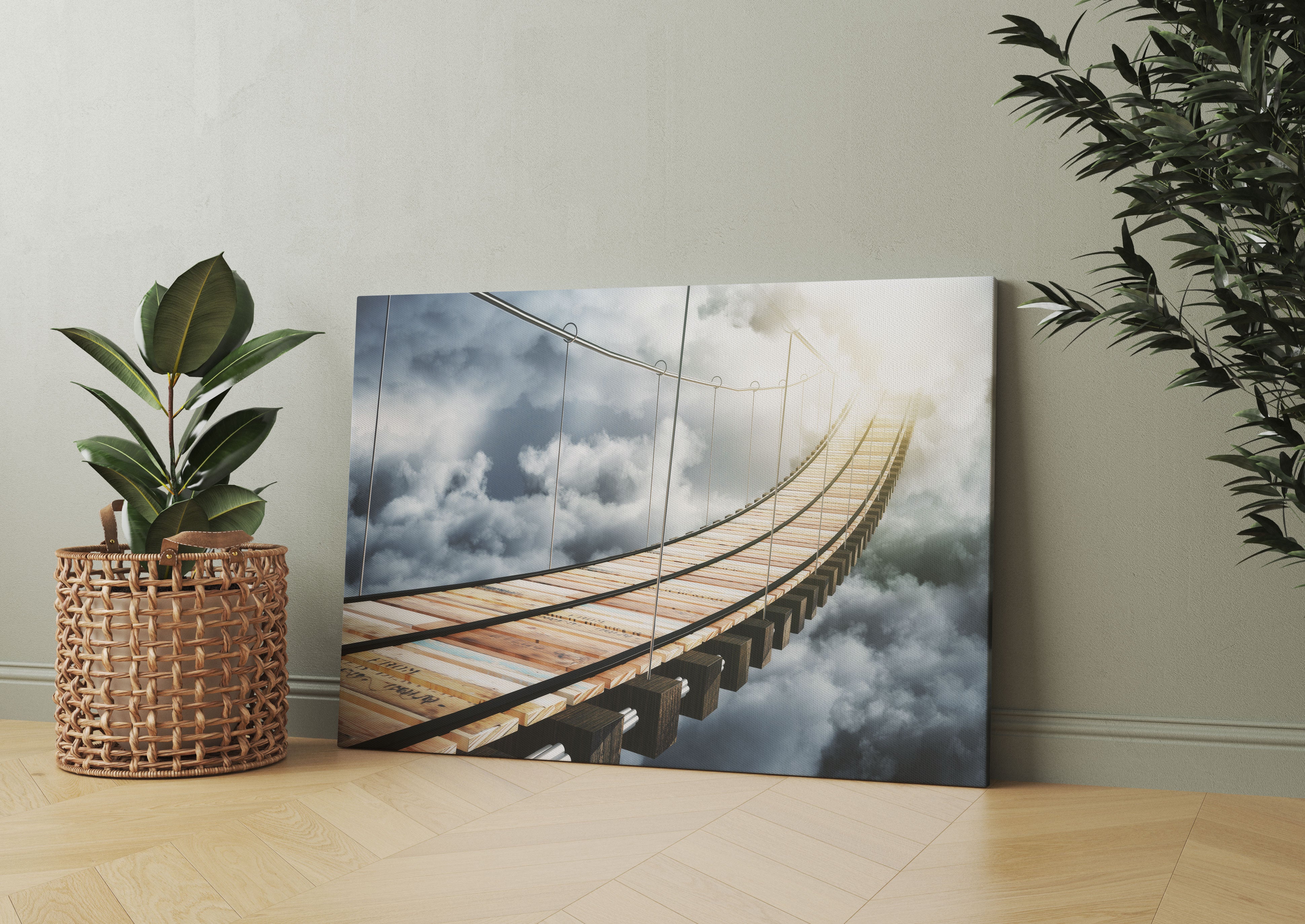 Hölzerne Brücke in den Wolken Leinwandbild Wohnzimmer